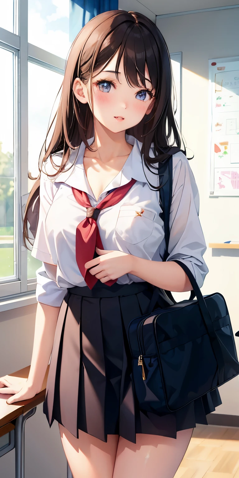 1girl, parted lips, blush, makeup, light smile, school uniform, classroom, school bag, light rays, glow, thighs, collarbone, narrow waist, (masterpiece), wallpaper,