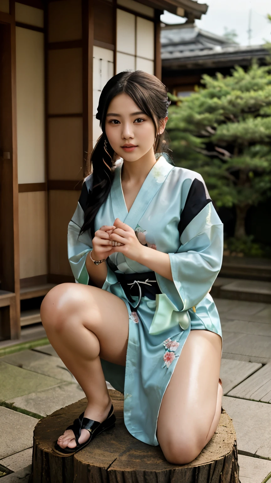 NSFW、Depictions of sex、最high quality、high quality、best image quality、8K、最High resolution、High resolution、最high quality、masterpiece、realistic pictures、RAW photo、realistic atmosphere、(detailed face)、(fine hands、thumb1reference4)、(beauty of japan )、very nice face、cute face、((beautiful japanese girl))、(woman), ((18 year old beautiful girl))、(glossy black hair)、(straight long hair)、(ponytail)、whole body、slim style、(shiny skin)、(Fair skin, Glossy skin)、real human skin、realistic human body structure、perfect body, perfect face, perfect hands, perfect fingers, perfect lips, perfect eyes,perfect teeth、perfect background, perfect atmosphere,look at the camera、 natural soft light、samurai kimono、maiko kimono、servant、geisha kimono、japanese kimono、japanese traditional、In front of a samurai residence in Japan、((transparent random color(floral samurai kimono、side slit hakama))、((Sit on a stump(A pose with one knee bent to show off your thighs))