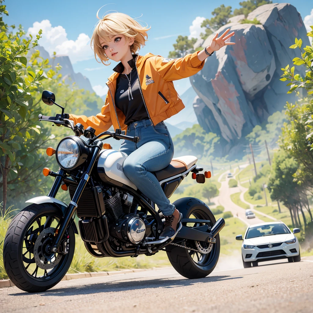 (masterpiece), (best quality), car vehicles with mechanical robot wheel chase, (Big boulder roadside), colorful dusty road, boulder clip, boulder rock wall, waving (blonde woman) chase, ((cute woman pursue at you))