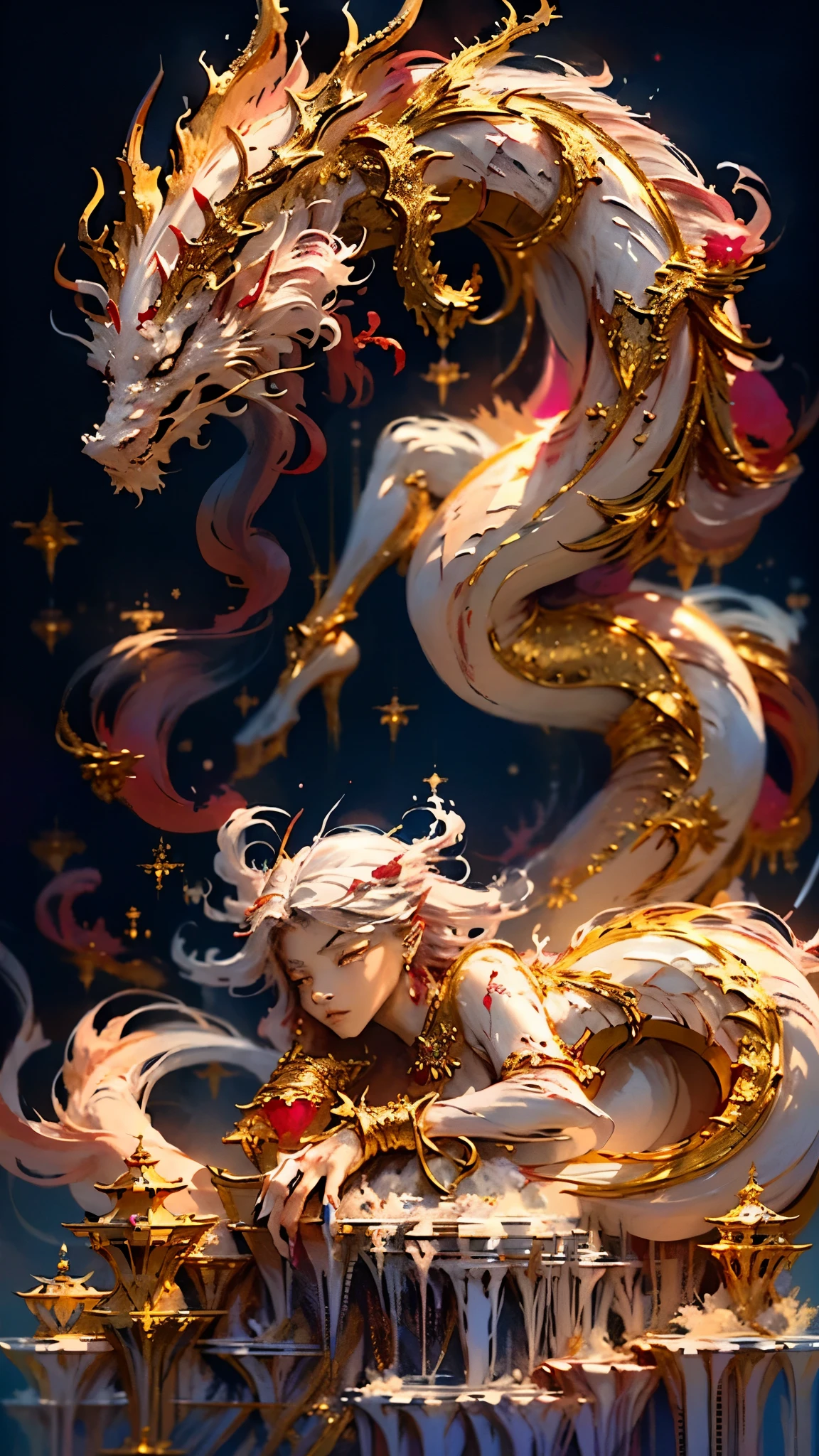 ((An breathtaking scene: 1.5)), A slumbering dragon hovering above the vast sea, ((Translucent glass barrier: 0.9)), Etched intricately in ZBrush, ((Ruby and gold style: 1.4)), Emulating anime aesthetics with furry art flair, ((Red and white color scheme: 1.3)), Blending harmoniously in this elaborate scene, ((Super high detail: 1.3)), Captured perfectly in a c4d rendering, ((Superb level of realism: 1.4)), Drawing admirers near with its mesmerizing allure.