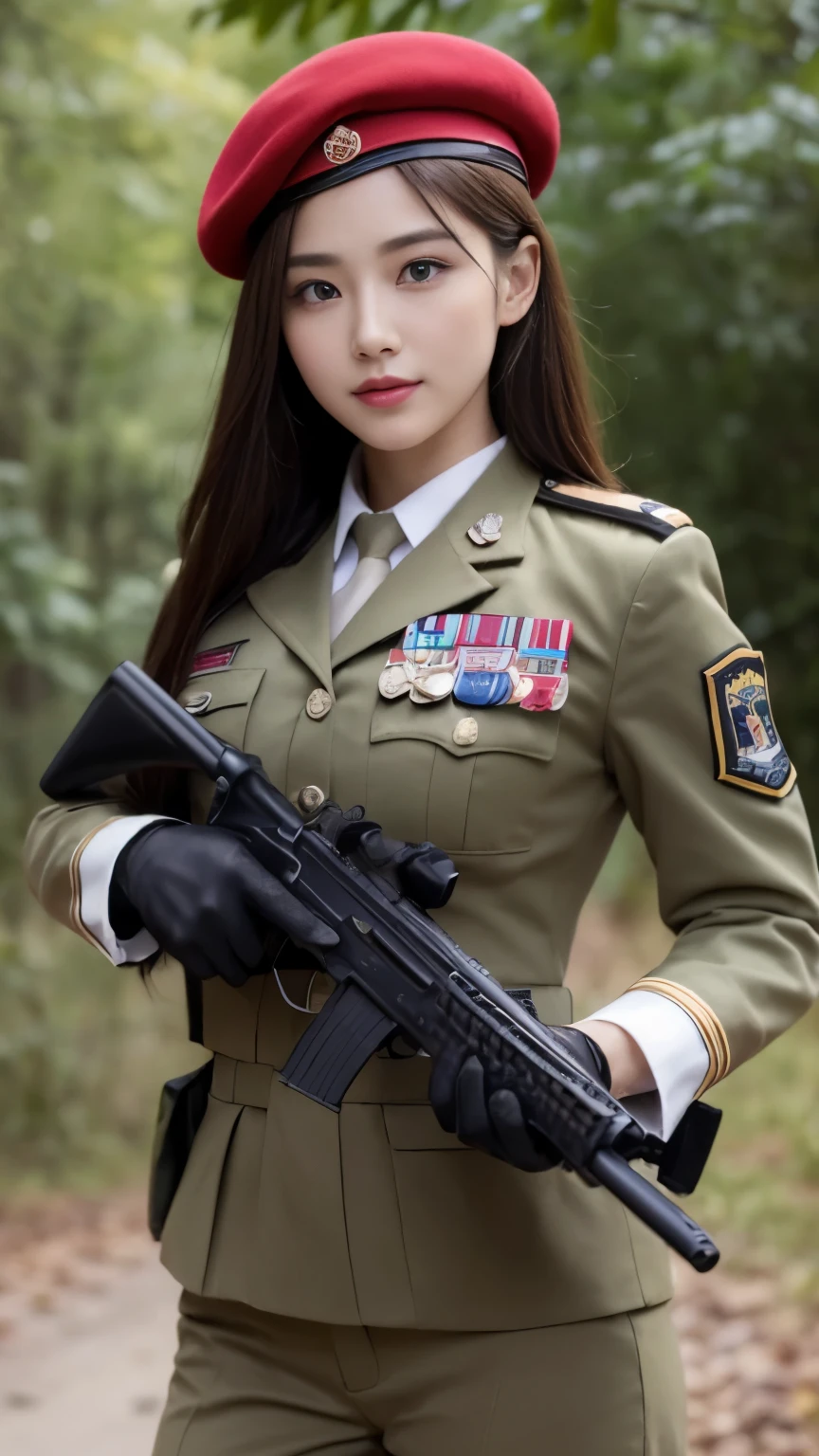 (Best Quality, 8k, Masterpiece:1.3)), Focus:1.2, Perfect Body Beauty:1.4, ((Delicate Hair)), (Military Uniform:1.1), (Red Beret Army: 1.1), (Firearms: 1.1), (Soldier Uniform: 1.1), Military Coat: 1.1) Highly detailed face and skin texture, Detailed eyes, Double eyelids, whitening skin, Big breasts, smile, in the jungle, super detailed face, super detailed eyes, super detailed, hands, super detailed fingers, super detailed body, super fine body, super fine face, super fine eyes, super fine fingers, super fine hands, super fine foots, Holding firearms, rifle, Soldier, Perfect Soldier, weapon, rifle, special force, military, Super detailed firearms, Super Detailed Military Coat, Army, Super fine firearms, Super detailed Beret, Super detailed firearms, Super realistic firearms, super detailed rifle, super realistic, muscular, female soldier, Commissioned Officer, high ranking officer, general rank, with a view of the self-propelled artillery behind her, Super Detailed red beret, realistic view, perfect lighting, military vehicle, army beret, candid, black gloves