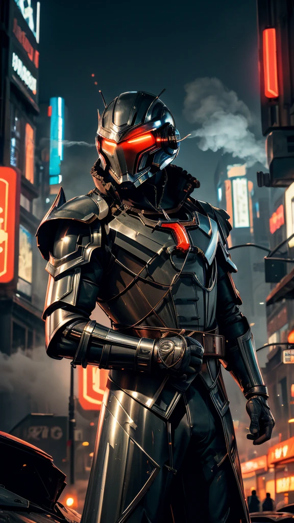 Man in a futuristic mechanical helmet and mechanical armored armor and with a red cape and closed fists coming out of smoke and a serious and very serious pose and a city background with giant buildings and neon style advertisements for ramen and destroyed cars in the background