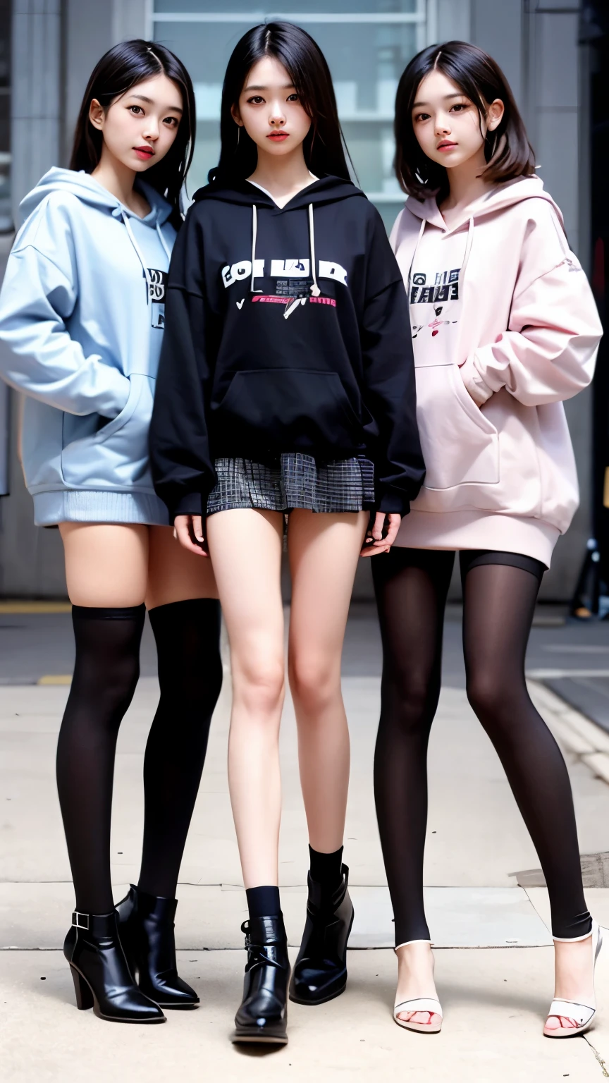 Supermodel、perfect details、hoodie、、Three girls stare at the screen 3 girls、、Thighhighs、beautiful feet、mini skirt