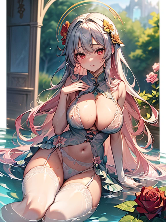 ((top quality)),(ultra high resolution),(Super detailed),(detailed description),((the most picturesque works of art),super precision art,amazing art of depiction,fantasy art:1.5, ((綺麗なおflower々:1.8)), (flowerに侵食された体:1.3),(glamorous body:1.3),fancy background effects、masterpiece、fancy details、(NSFW 1.1), ((1 female)), ((muste piece)), ((extremely detailed:1.3)), Beautiful woman entering the lake in crystal clear water, ((long pink hair)), wet hair, wearing a thin transparent dress, Bathing clothed, (水に浮かぶバラのflowerびら:1.5), early morning light, ivory gold AI, windows, crepuscular lighting, Lace sheer lingerie、(very huge boobs)、pink nipples、pink areola,透けて見えるpink nipples、透けて見えるpink areola、Sheer panties with lace and strings、Sexy transparent lingerie with lace and strings,See-through sexy lingerie,Transparent sexy lingerie、translucent dress、pearl accessories、sexy harness、sexy garter belt、sexy stockings、Arranged,intimate, rose garden、colorful roses、lake with floating roses、Lying down、legs open、spread your legs、Open thighs、soak in water、wet body、ゴージャスなflowerの装飾、大きなflowerいっぱい、Stylish Hairstyles、solo, water play, flowerいっぱいの髪飾り, flower々, sky porn,Transparent dress wet with water, sky porn, shines wet with water、(muste piece),(Highly detailed CG Unity 8K wallpaper),best quality,cinematic lighting,detailed background,beautiful detailed eyes,bright pupils, (very delicate and beautiful),(Beautiful and detailed eyes),((muste piece)),((red eyes))、flower園、temple