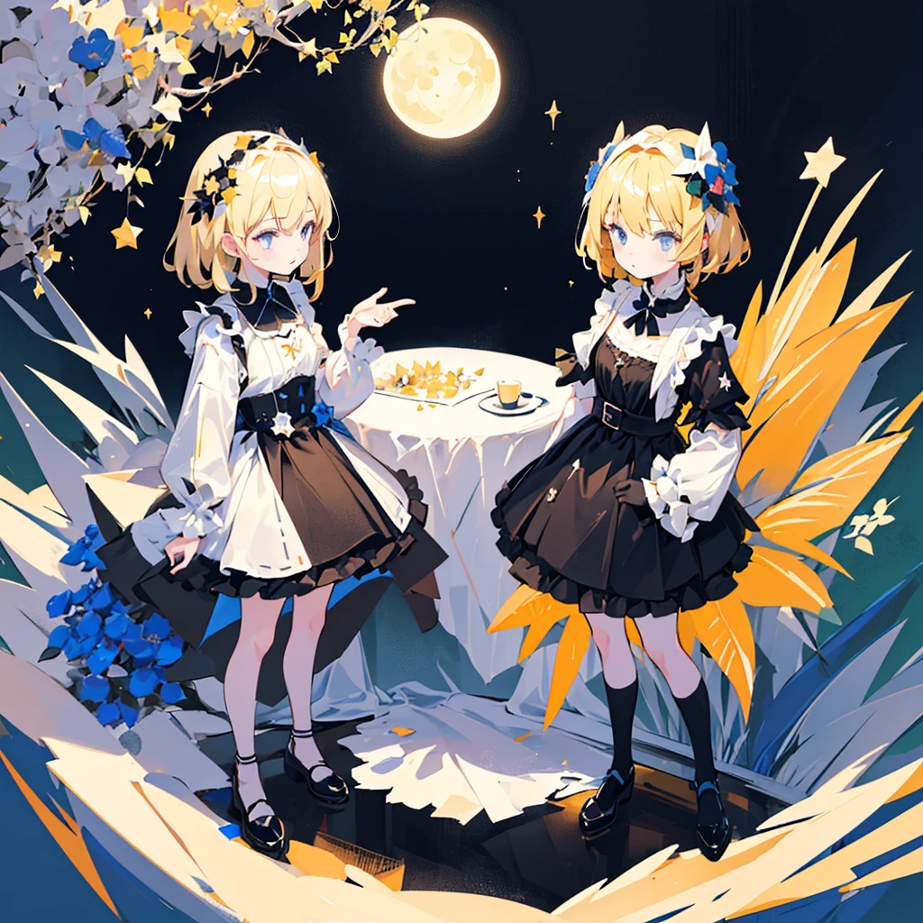 (2 girls, blonde hair, blue eyes, black ????????, kawaii), (moon, black flower field, star shaped lighting), (low contrast, flat color, limited palette)