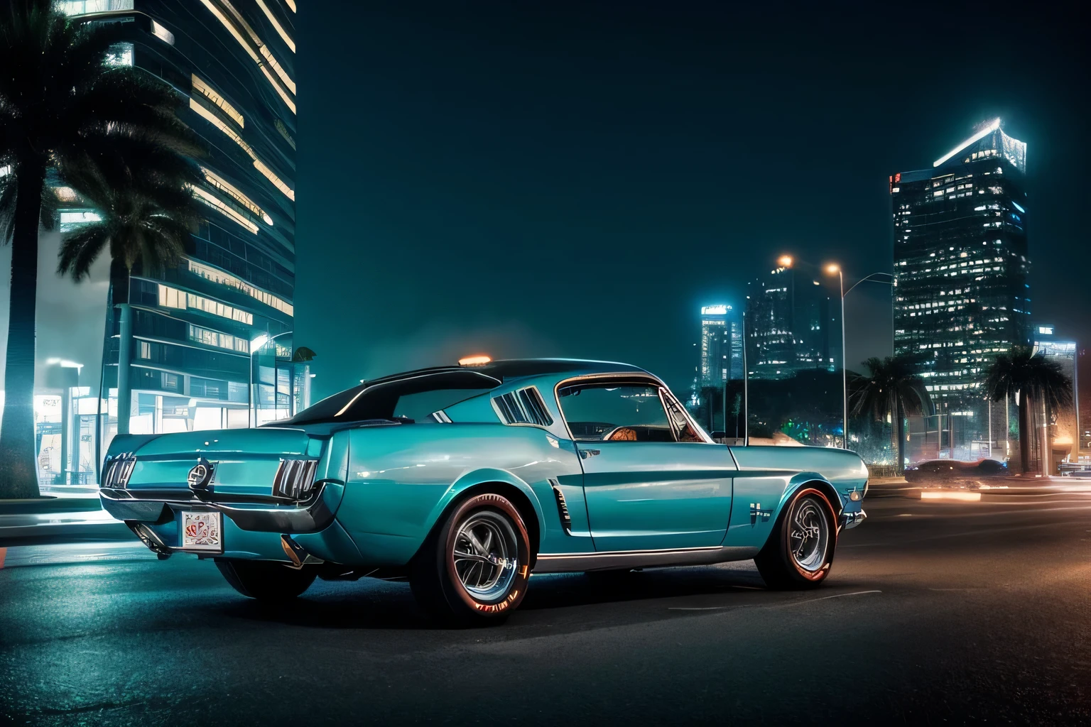 (highest quality,realistic:1.37),vibrant city scene,A silver-blue 1960 Mustang speeds through a busy city intersection.,Blurry movement,car rear view,reflective chrome accents,shiny metal curves,perfectly restored vintage car,Gleaming paint work,City lights illuminating the surroundings,Neon sign flashing in the background,Pedestrians freeze in fear,Streets lined with skyscrapers,Palm trees swaying in the breeze,Modern skyscrapers contrasting with classic cars,Busy Traffic,Smoke rises from the tires,excitement and adrenaline in the air,atmosphere of the night,Bright headlights cut through the darkness,A straight road that stretches to the horizon,looming city skyline,Urban energy and elegance,A fusion of retro charm and modern atmosphere,Impressive visual impact,Artistic expression of speed and dynamism.
