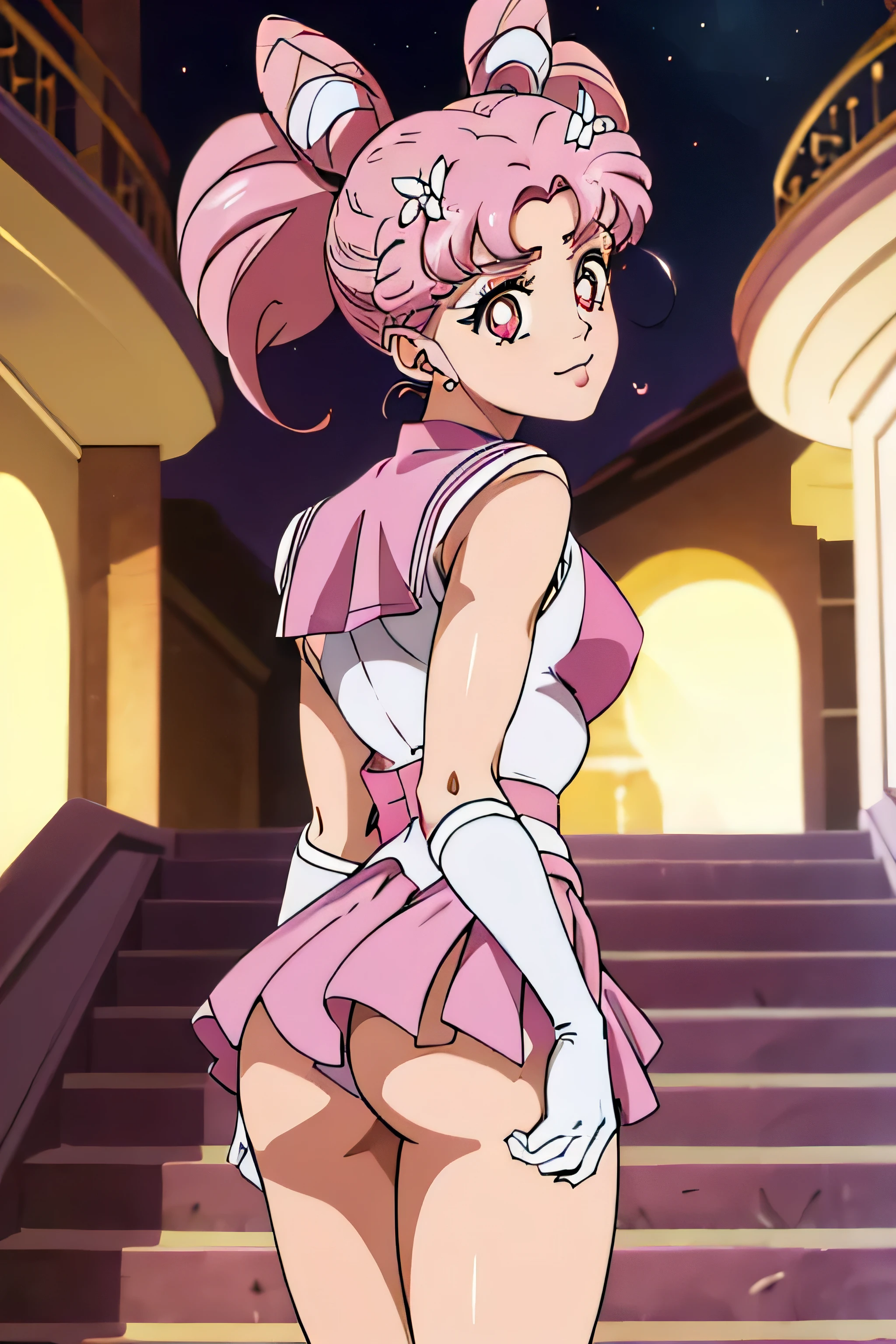 obra maestra, Mejor calidad, absurdos, perfect anatomy, 1 chica, Solo, SMMoon, 1990s \(Estilo\), Sailor Chibi Luna Cabello Rosa, pupilas rosadas ojos, subir las escaleras, de cerca, Sonrisa, tiro de vaquero, Uniforme Sailor Senshi Rosa, Collar marinero rosa, falda plisada rosa, guantes de codo, en postura de espalda, Show off your loot, backward, No hay tanga en un gran trasero, cuerpo completo, aausagi, de cerca booty, PUNTO DE VISTA DE ABAJO A ARRIBA