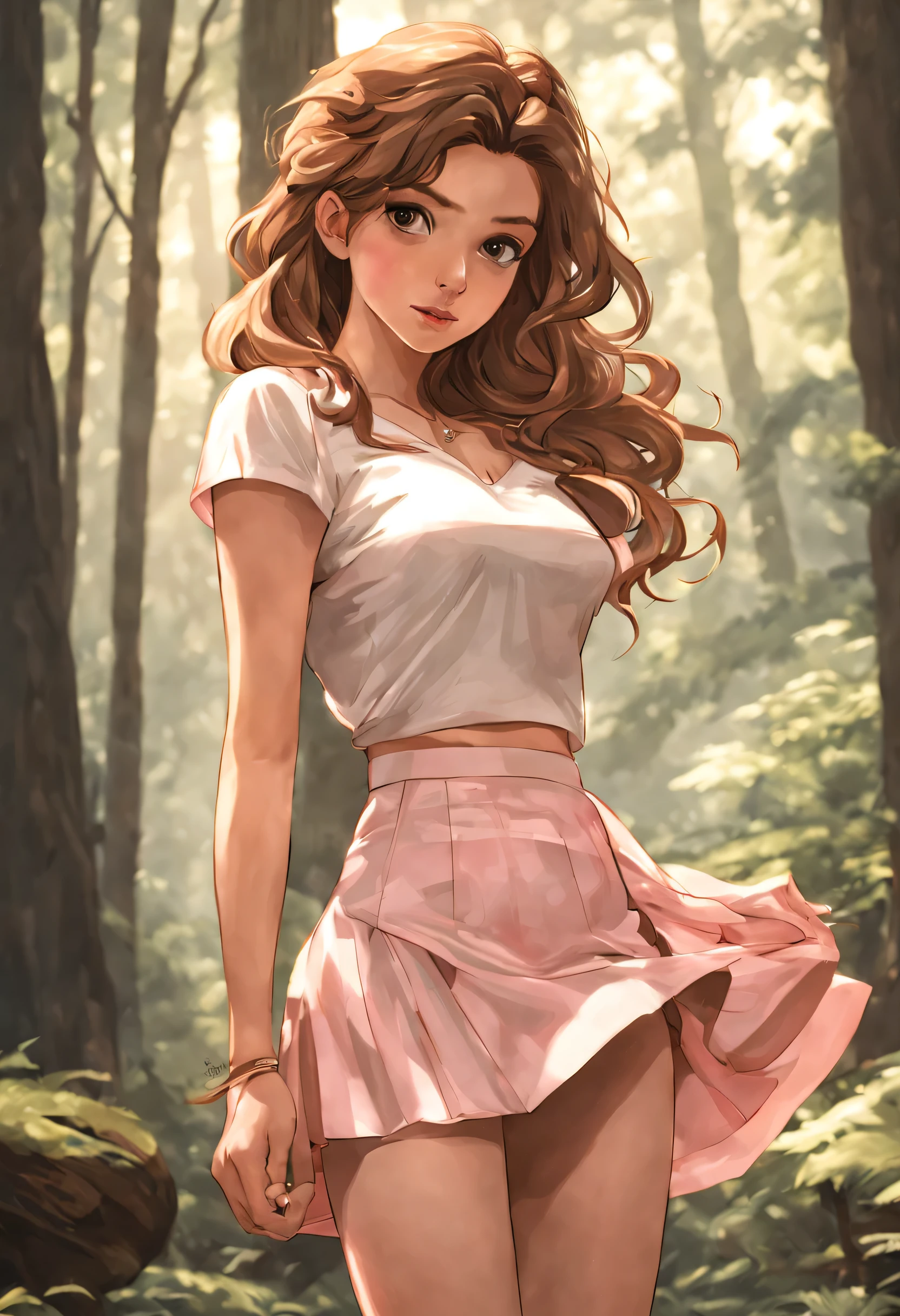 beautiful woman,golden brown hair,Light pink miniskirt,fitted low cut top,dark woods in the background