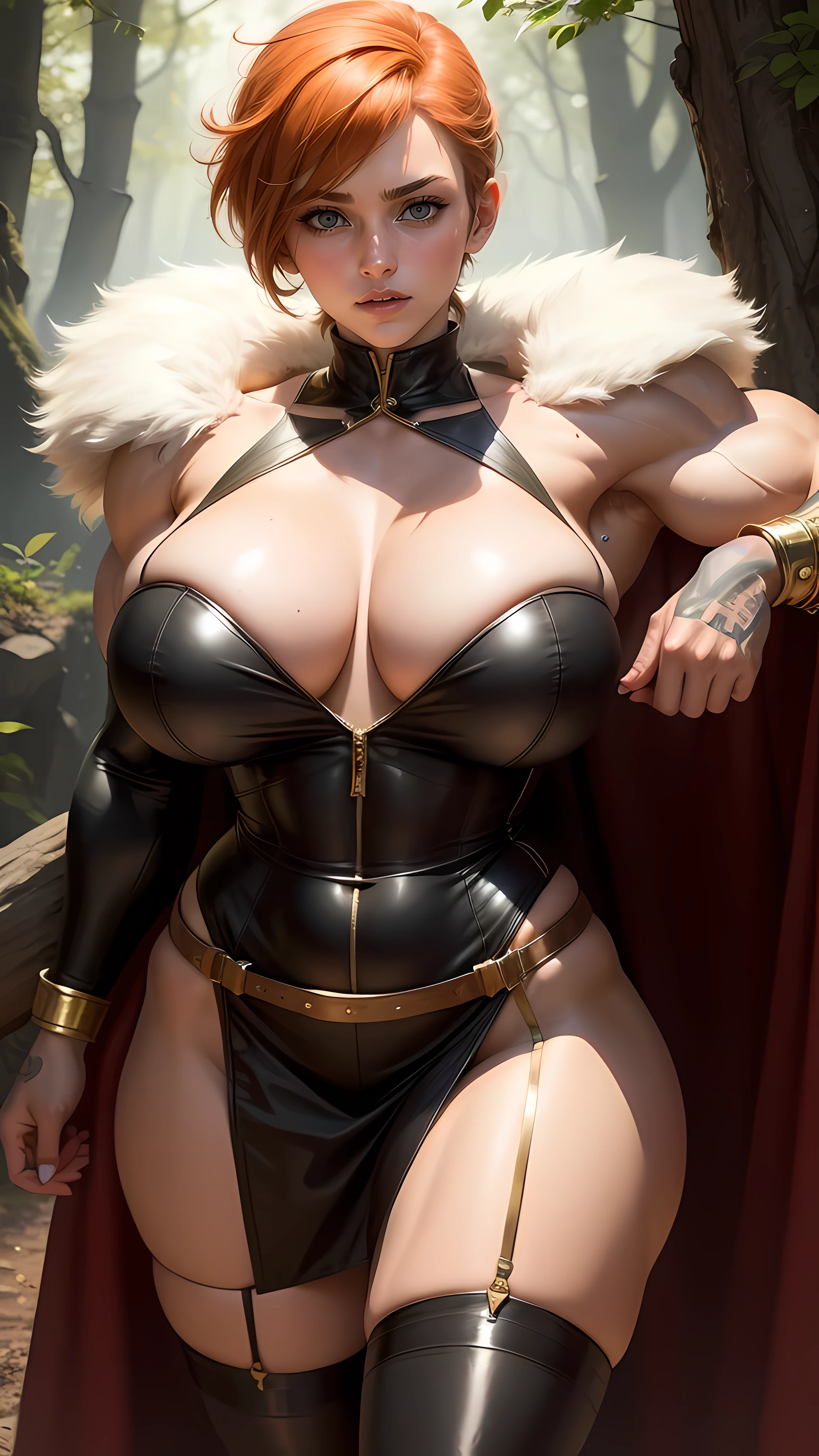 gwen tennyson,tracer,bulma,rebecca chambers, (((accurate anatomy))),1girl,close up,face paint, elven armor,gold neck jewelry,body tattoos,short hair,long dress,wolf fur, ceremonial cape,viking corset,tight skirt,magic forest,gold,amulets,tribal piercings and tattoos,white tribal top, leather pantyhose,green eyes,orange hair,shy smile,freckles,redhead,beautiful girl,thigh high boots,ultra detailed,realistic,fantasy art,garter belt,braided hair,holding a bow,quiver, (((Huge breasts))), ((long legs)), ((Female Bodybuilder)), ((((Muscular Legs)))), ((((Huge Muscles))))