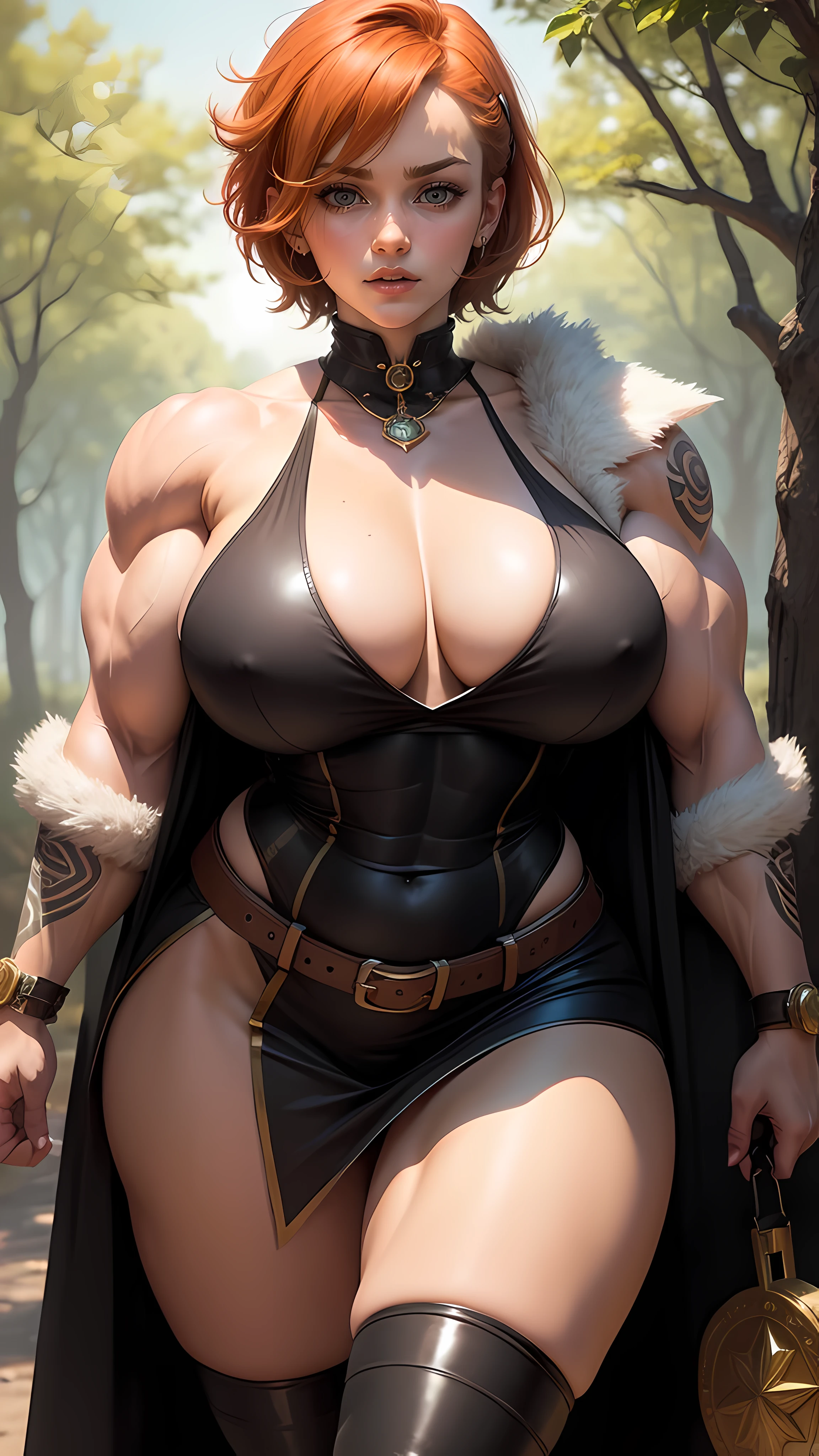 gwen tennyson,tracer,bulma,rebecca chambers, (((accurate anatomy))),1girl,close up,face paint, elven armor,gold neck jewelry,body tattoos,short hair,long dress,wolf fur, ceremonial cape,viking corset,tight skirt,magic forest,gold,amulets,tribal piercings and tattoos,white tribal top, leather pantyhose,green eyes,orange hair,shy smile,freckles,redhead,beautiful girl,thigh high boots,ultra detailed,realistic,fantasy art,garter belt,braided hair,holding a bow,quiver, (((Huge breasts))), ((long legs)), ((Female Bodybuilder)), ((((Muscular Legs)))), ((((Huge Muscles))))