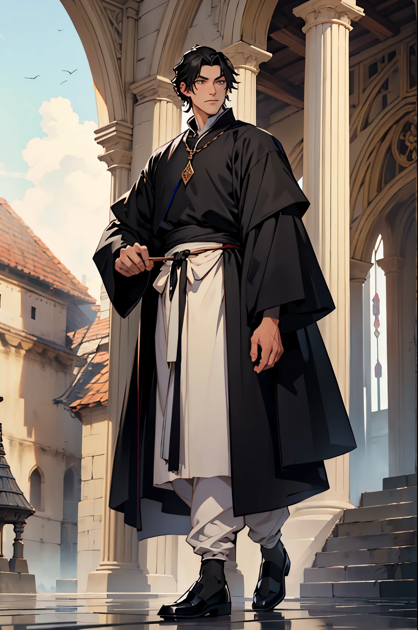 6 feet tall male, with short black hair, sapphire like eyes, in peasant clothes from medival era