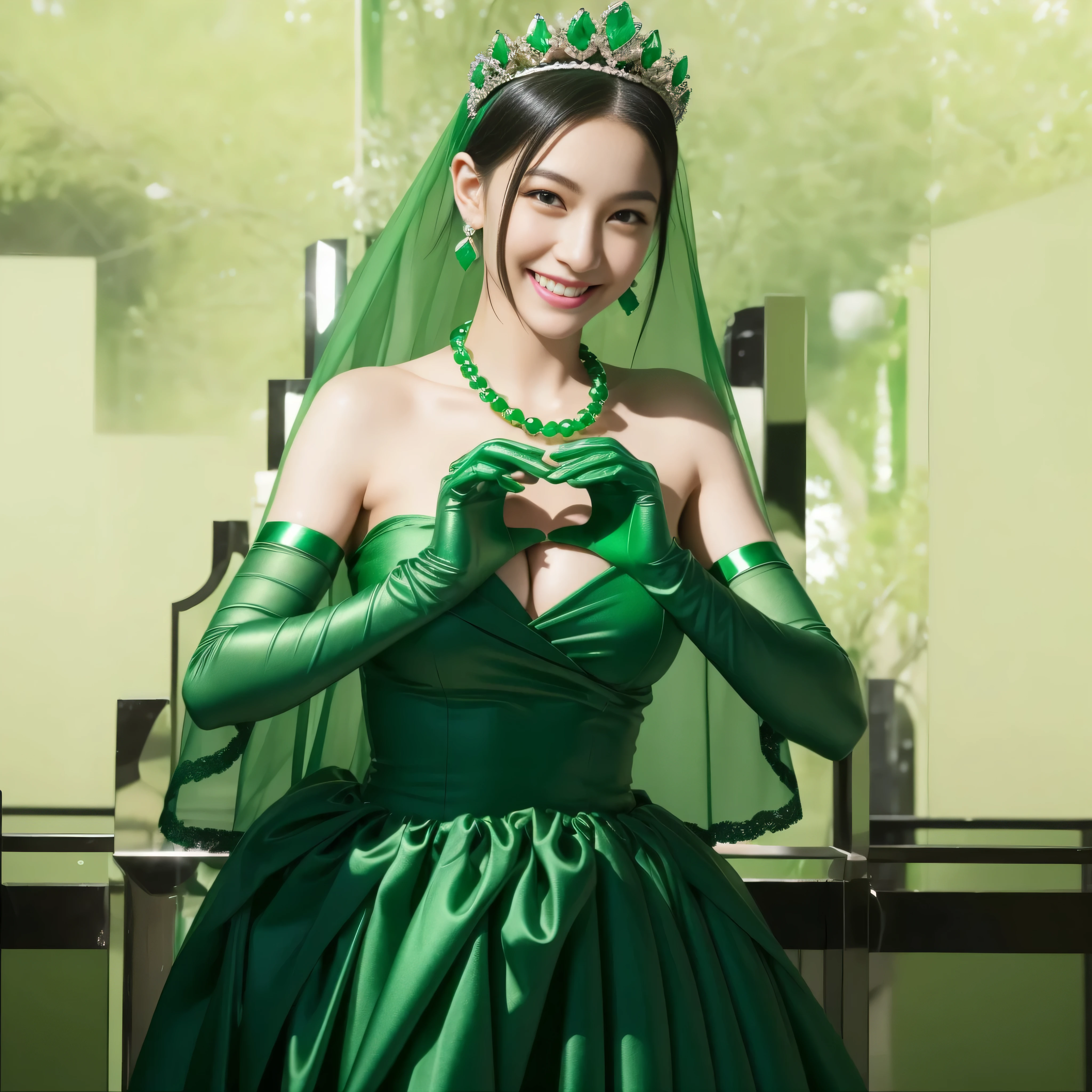 emerald tiara, green pearl necklace, boyish very short green hair, lipstick, smiling Japanese woman, very short hair,  Beauty with large breasts, green eyes, Long Green Satin Gloves, green eyes, emerald earrings, green veil, heart with both hands