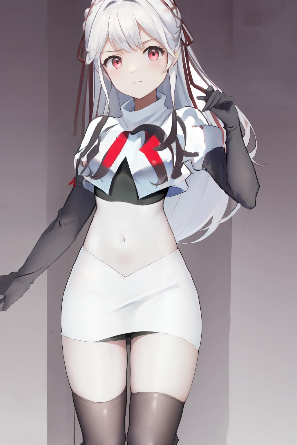 masterpiece, best quality, highres, 1girl hair ribbon, team rocket,team rocket uniform, red letter R, white skirt,white crop top,black thigh-highs,black elbow gloves,