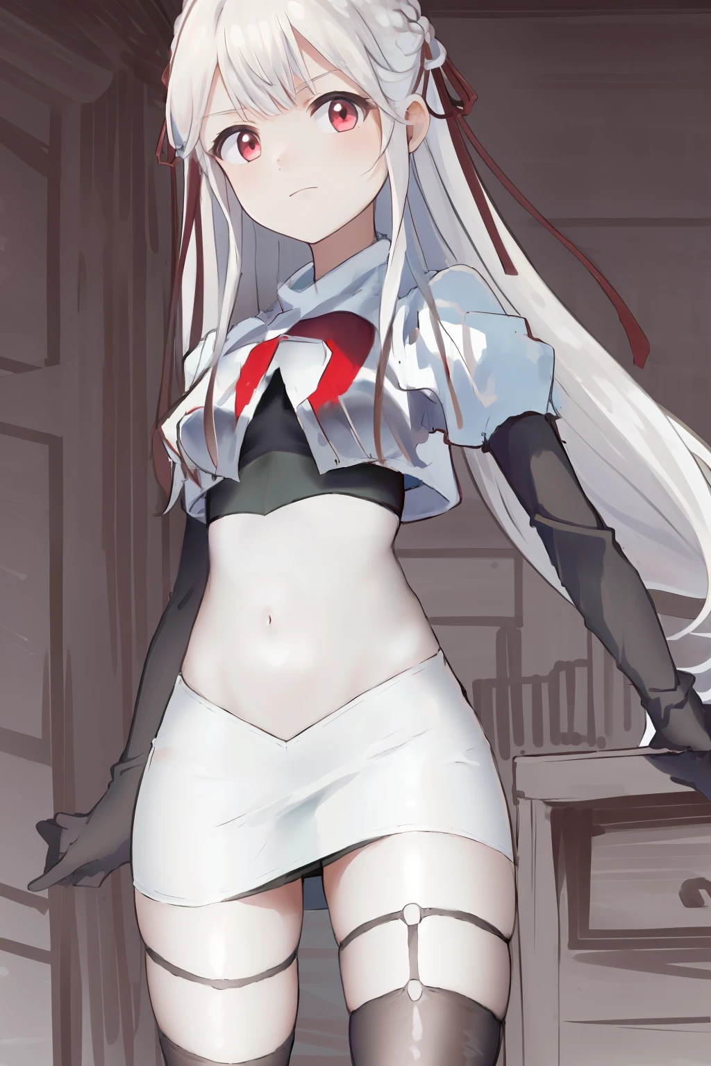 masterpiece, best quality, highres, 1girl hair ribbon, team rocket,team rocket uniform, red letter R, white skirt,white crop top,black thigh-highs,black elbow gloves,
