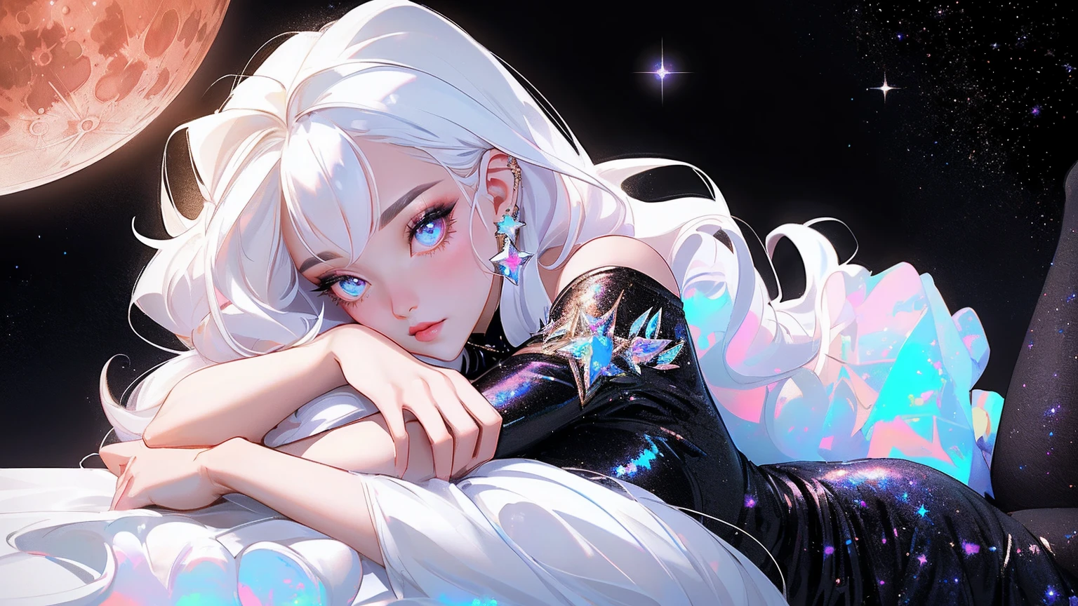 {-erro_de_anatomia:1.0} masterpiece, highest quality, (perfect face:1.1, (high detail)1.1, sweet stardust vampire , long soft white hair, opal eyes, perfectly drawn face, black dress, stars detailed background, prismatic lighting, glitter, whole body,  Laying on the moon.  Very sexy, with chin resting on shoulder , walkink on the stars with cristal shoes.
