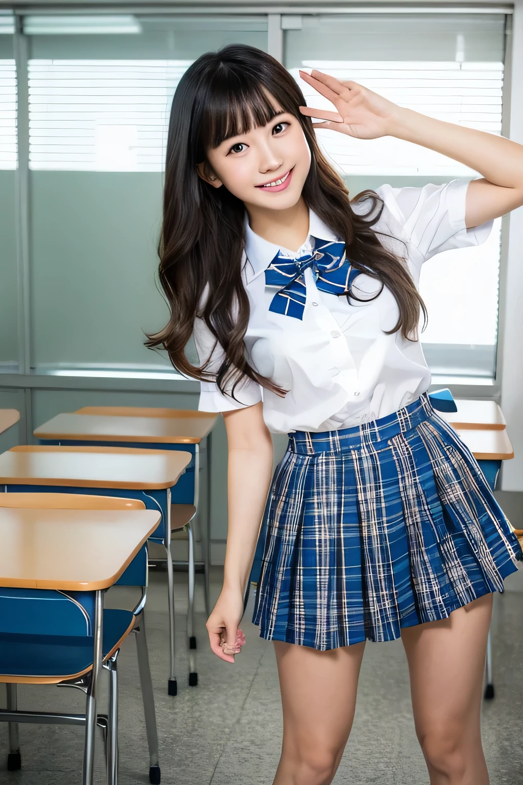 masterpiece, full body shot, young beautiful japanese woman, Enter the classroom with your bag, Funny salute pose with big smile, gorgeous appearance, Wearing a short-sleeved white collared shirt、Wearing a plain shiny blue satin bow tie。。, She is wearing a blue tartan plaid long skirt., Wearing short length white socks, I'm wearing white and red student shoes., absolutely beautiful face, glossy lips, double eyelids in both eyes, natural makeup, long eyelashes, Shiny and smooth light brown medium hair, asymmetrical bangs, tanned skin, alone in the classroom, Textbooks and notebooks on the desk, head frame, center image, 8K resolution, high detail, detailed hairstyle, detailed face, great cinematic lighting, octane rendering, vibrant, surreal, perfect limbs, perfect anatomy
