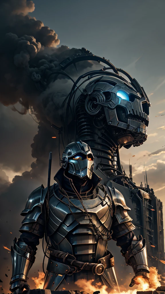 Giant creature and mechanical helmet and arcane armored mechanical armor and firm and closed fists and mini city destroyed and lots of smoke coming out and cloudy sky 