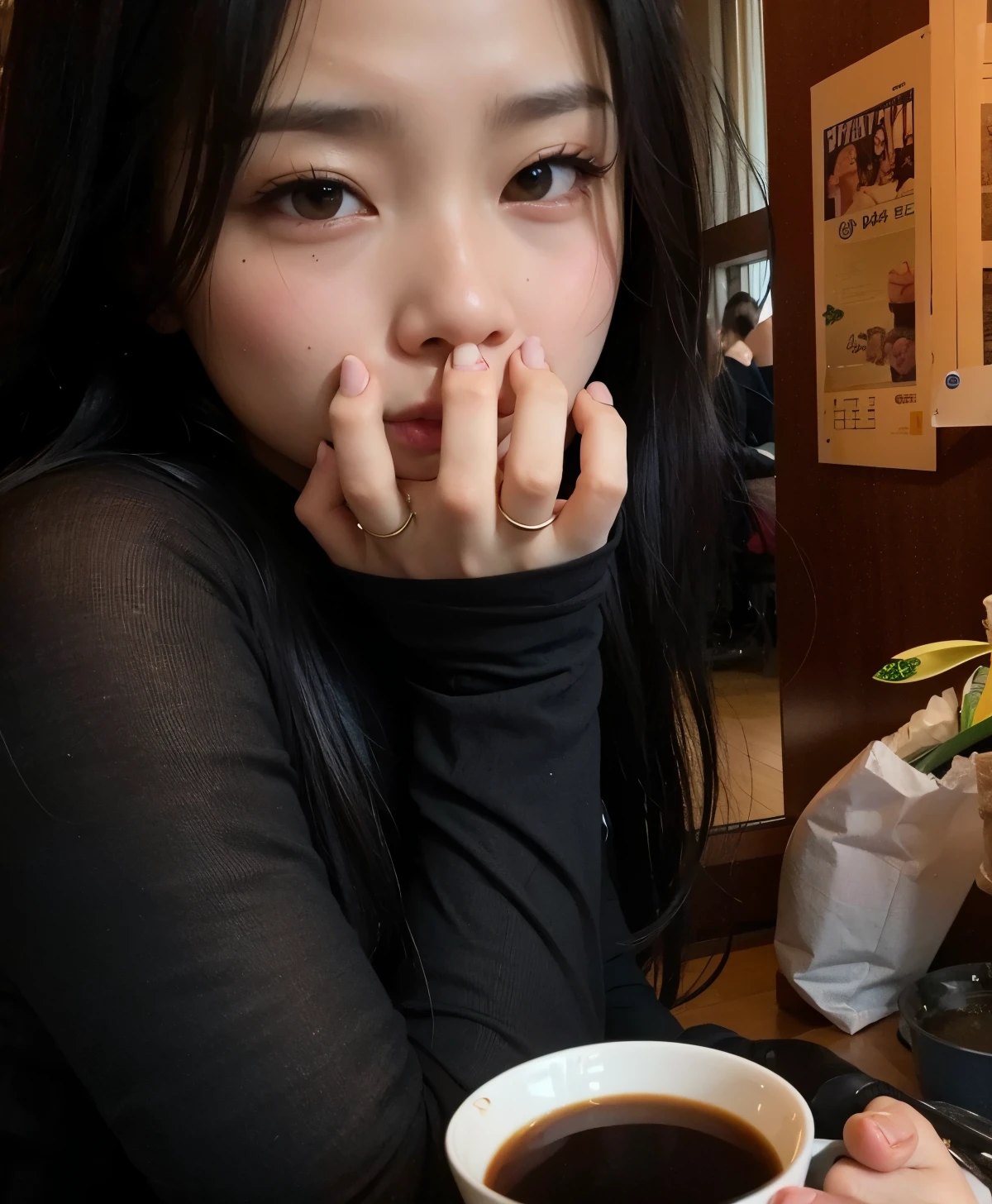There's a woman who's holding a cup of coffee, jennie blackpink, Ulzzang, cruel korean goth girl, coreana, garota misteriosa da cafeteria, Heonhwa Choe, hand on her chin, Jinyoung Shin, parque roseanne de blackpink, jaeyeon nam, Asian girl, sitting in a cafe, Kim Doyoung, gongbi, em uma cafeteria
