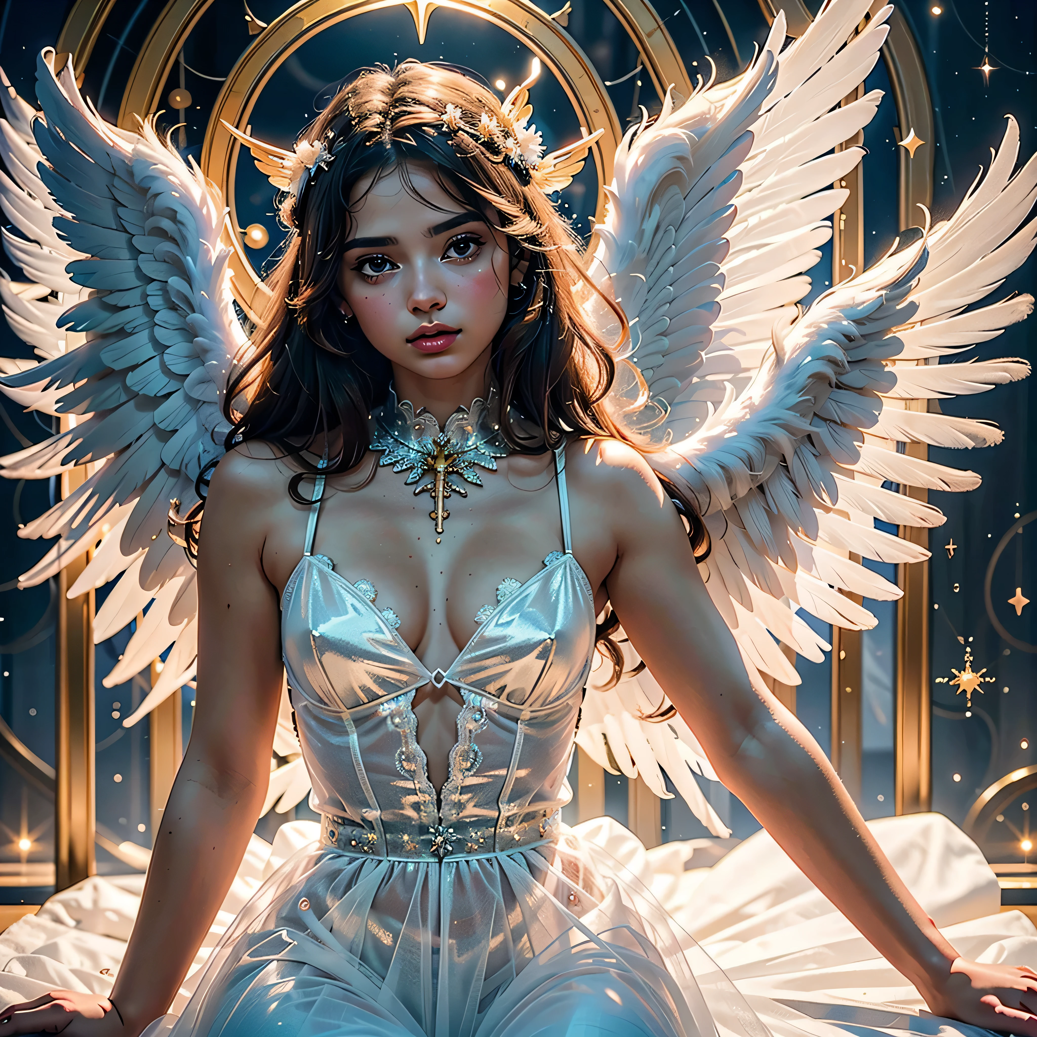 (8k, Foto CRU, melhor qualidade, Senhor:1.2), (realista, photo-realista:1.37) anime angel girl with wings holding a heart in her hands, angelic and unsettling, glowing angelic being, anjo protegendo a mulher, angel watching demon, serafim, evangelionic illustration, Anjo no inferno, angelical, angelic, O Anjo da Morte with a halo, anjo baixo, ( ( pare quatro # ) ), O Anjo da Morte, Um anjo