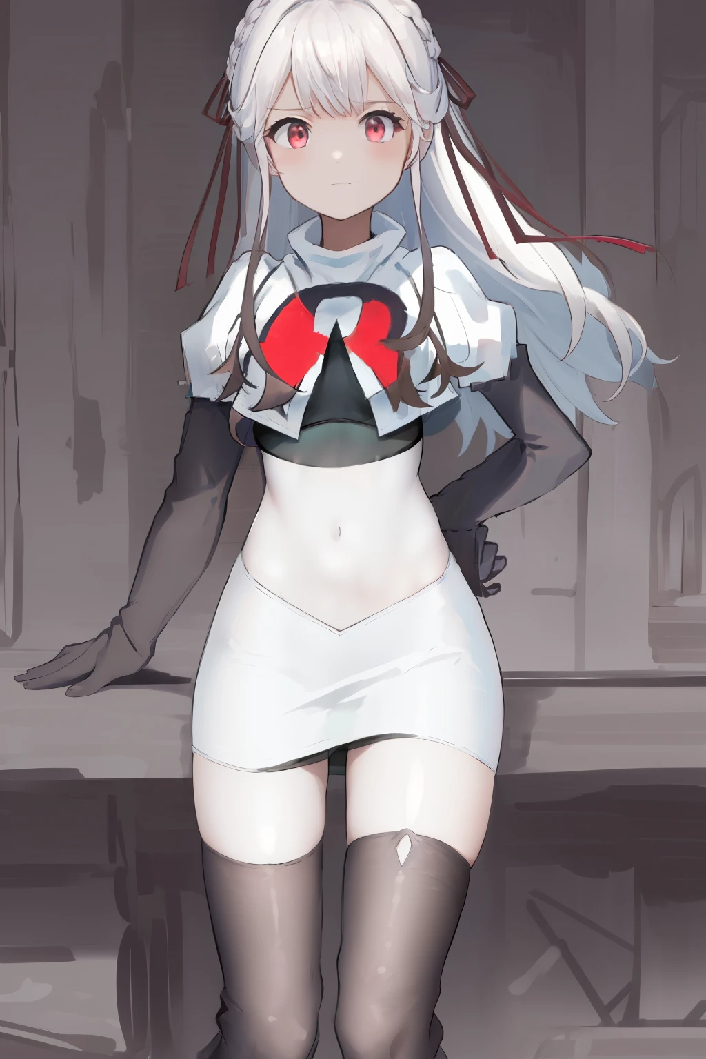 masterpiece, best quality, highres, 1girl hair ribbon, team rocket,team rocket uniform, red letter R, white skirt,white crop top,black thigh-highs,black elbow gloves,