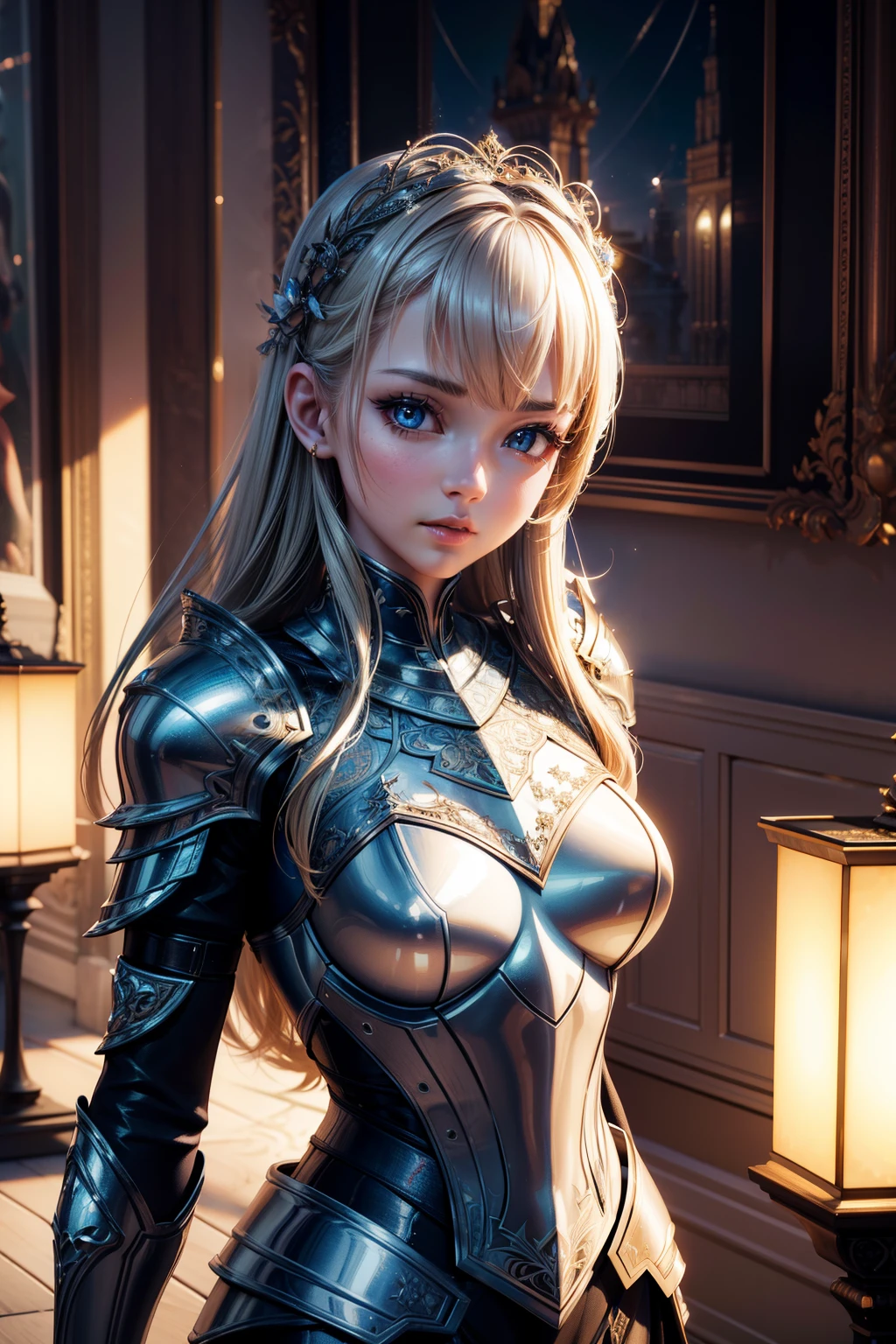 masterpiece,Highest quality,Very detailed,Photorealistic,Pretty Girl Rider,Beautiful blonde,Silver metallic armor with intricate decorations,gem,Soft lighting, 15 years old girl,Perfect Face,Beautiful and detailed eyes,Big bright eyes,Beautiful Skin,skinny,Small breasts,Dynamic,Dynamic Angles,Outside the massive stone fortress