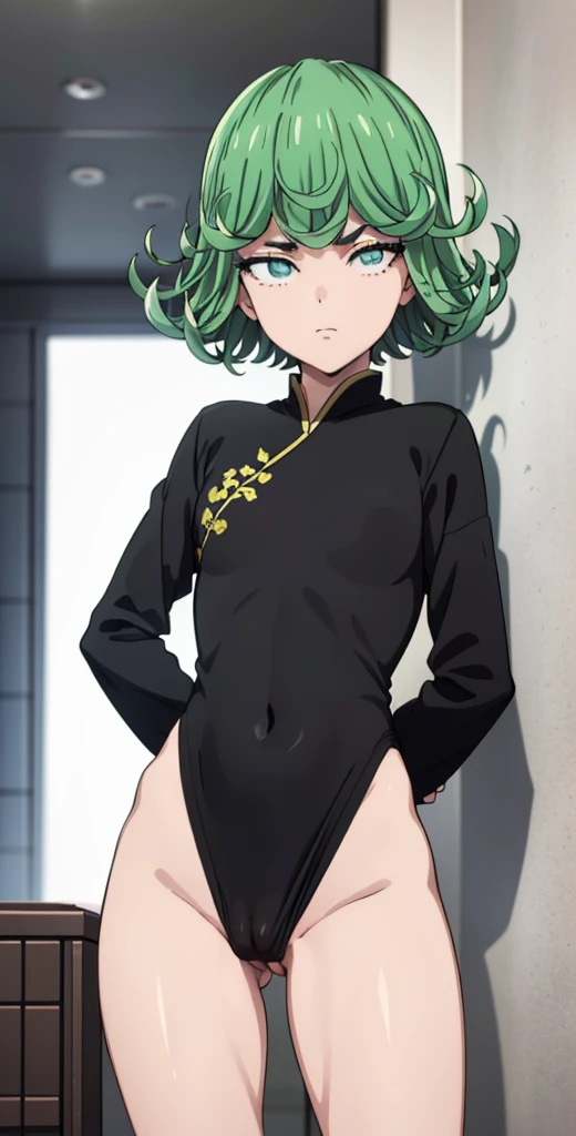 (((pixel-perfect, detail-perfect))), solo, 1girl, tatsumaki, black chinese dress, looking at viewer, nude, (innie_pussy:1.2), no panties, wild lift, (arms behind on back:1.1), (masterpiece:1.2), best quality, high resolution, unity 8k wallpaper, (illustration:0.8), (beautiful detailed eyes:1.6), extremely detailed face, perfect lighting, extremely detailed CG, (perfect hands, perfect anatomy), 