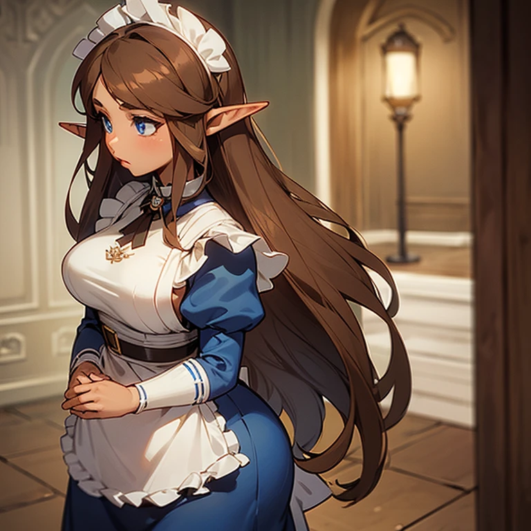 1 elf woman,((with long brown hair)),((with blue eyes)),((very huge breasts)),((a very small white dress with a revealing neckline)),((bare thighs, bare breasts , with a small cut on the chest)),((with a kind and cute look, with a slight gentle smile)),((standing facing the viewer, on the medieval street))