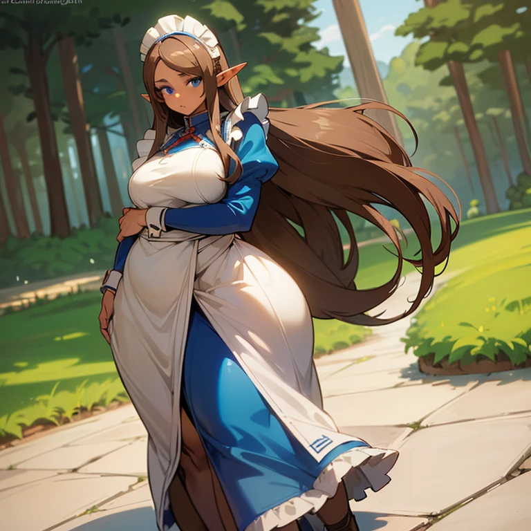 (((An elf woman alone))),(((light skin))),(((long brown hair))),(((blue eyes))),(curvy body),(((wearing a maid outfit)))