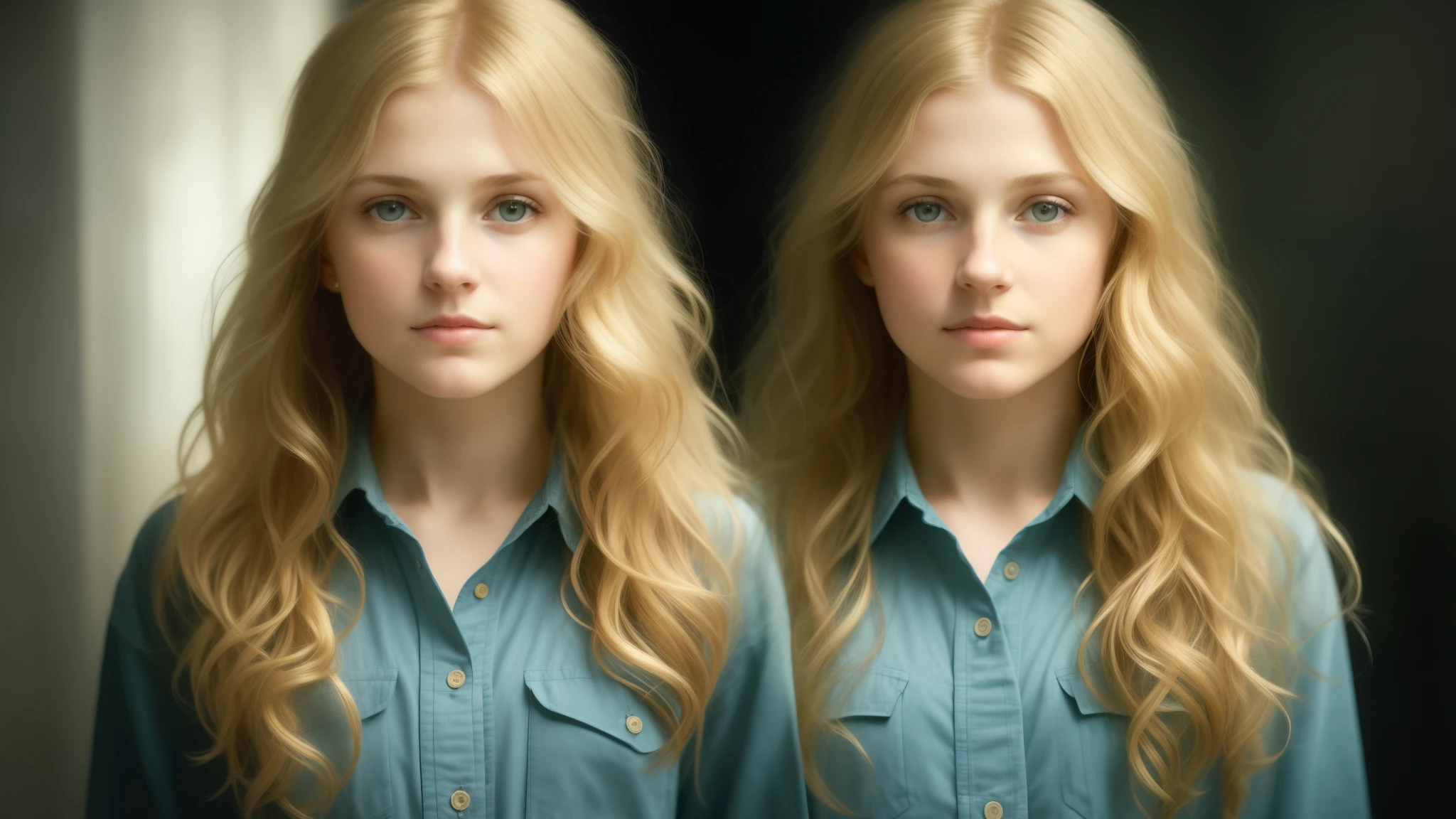 (front focus),(in the dark:1.6), Hyperrealist portrait of the female by David Hockney and Alphonse Mucha, fantasy art, photo-realistic, dynamic lighting, art station, poster, volumetric lighting, very detailed faces, 4 k, award-winning,, 1girl, in the dark, deep shadow, low key, cowboy shot,(official clothing:1.4), long hair, blond hair,