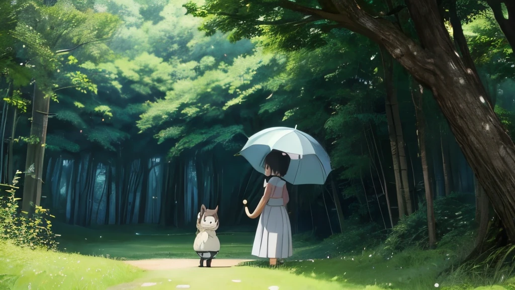 anime scene of a woman and a child in a field with a totor and an umbrella, totoro, of totoro, my neighbor totoro, miyazaki's animated film, ghibli animated film, miyazaki film, studio ghibli anime, totoro sitting in a forest, ghibli film, studio ghibli animation, miyazaki movie, by Miyazaki
