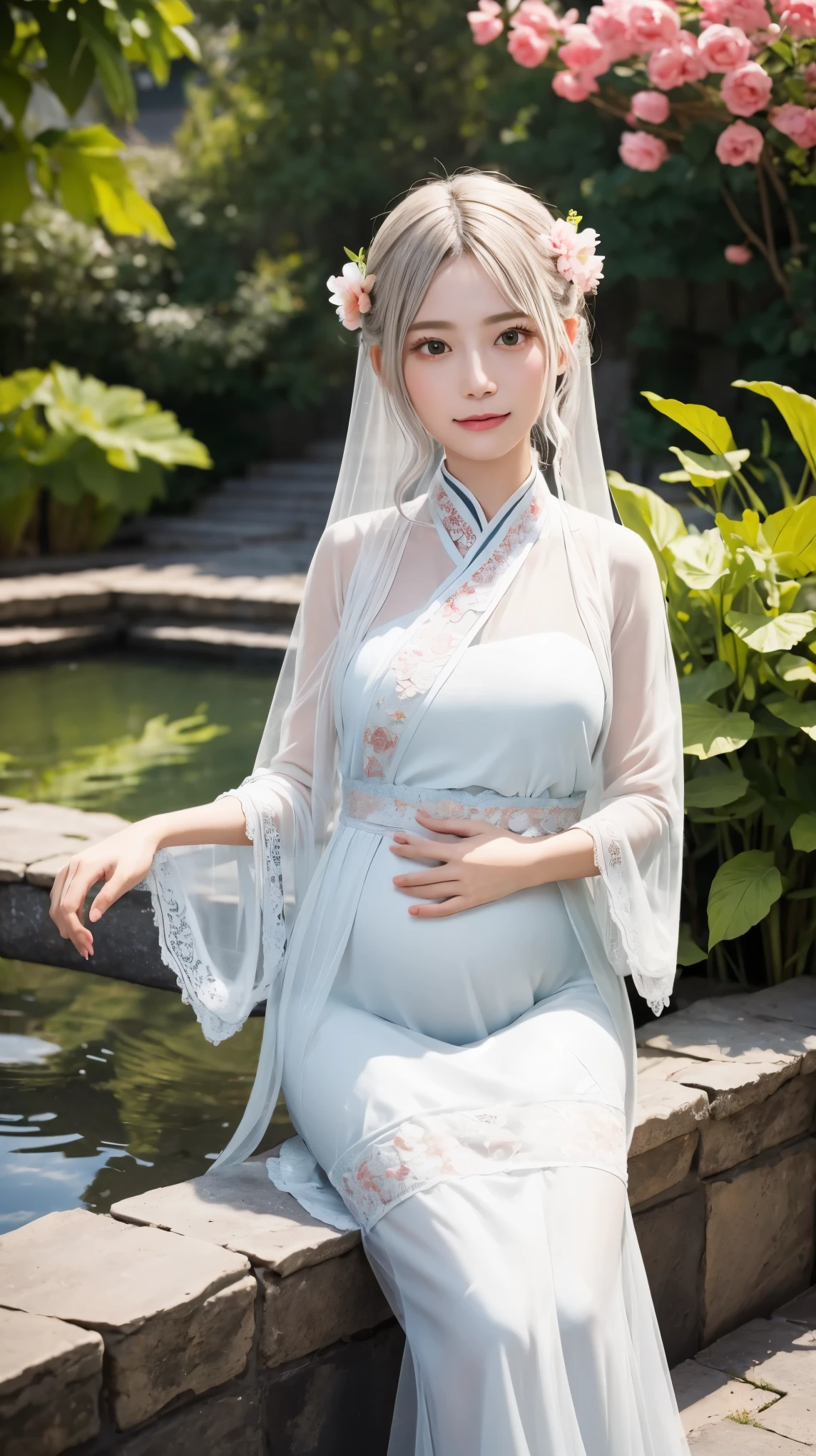 Two-dimensional, ancient style, spring garden, outdoor, white hair, Hanfu, nature, there is a pond in the middle of the courtyard, begonia floating on the pond, girl sitting on a bench in the corridor, wearing a transparent feather robe, holding a bamboo flute, random body posture, intricate details, best quality, ray tracing, rendering, 8K, masterpiece, big breasts, slender body, prefect anatomy, was pregnant for 5 months 