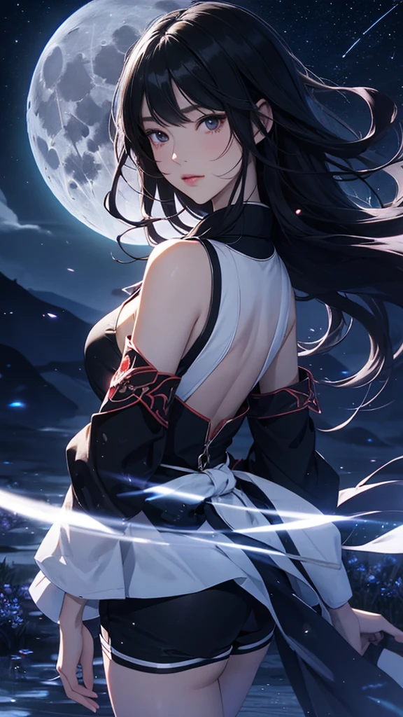 ((Highly detailed CG unit 8k wallpaper, masterpiece, High resolution, highest quality, highest qualityのリアルテクスチャスキン)), ((very beautiful woman, fascinating look, plump lips, Posing like a model:1.5, Upper body, Japanese pattern haori, I hid my hands behind my big sleeves.:1.2, Japanese pattern micro mini shorts)), (dirty black hair, white skin, small breasts), ((night castle background, full moon night background, cool colors, starry sky background)), Sumi-e, surreal, digital painting, concept art,Kunoichi,Ninja Pose