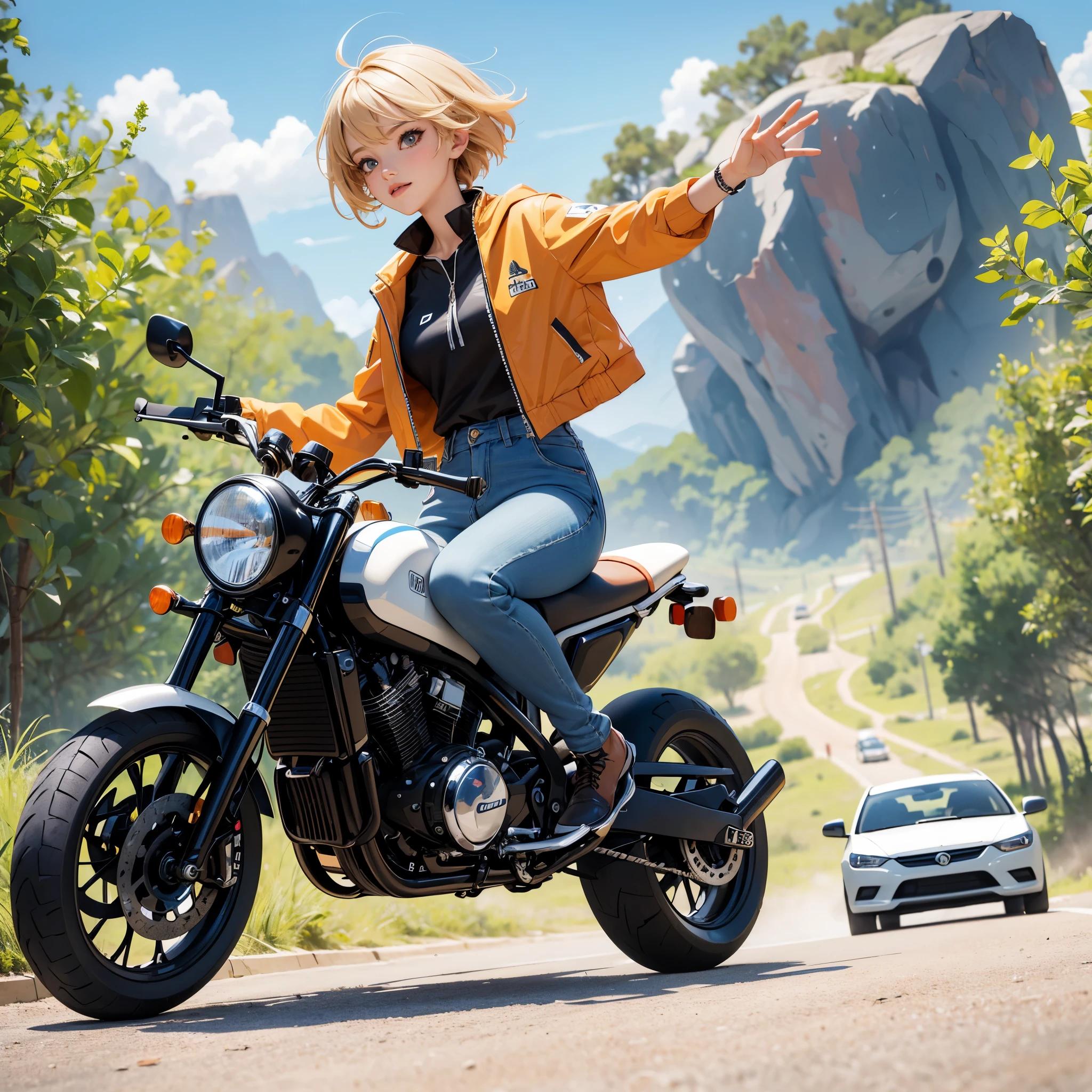 (masterpiece), (best quality), car vehicles with mechanical robot wheel chase, (Big boulder roadside), colorful dusty road, boulder clip, boulder rock wall, waving (blonde woman) chase, ((cute woman pursue at you))