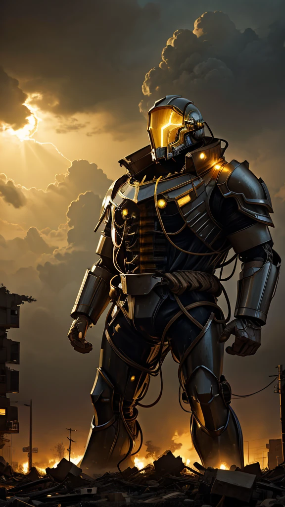 Giant creature with a mechanical helmet with yellow lights and mechanical armor with yellow lights and firm, closed fists and electrical wires on the red armor and a destroyed mini city with lots of smoke coming out and a cloudy sky and raining 