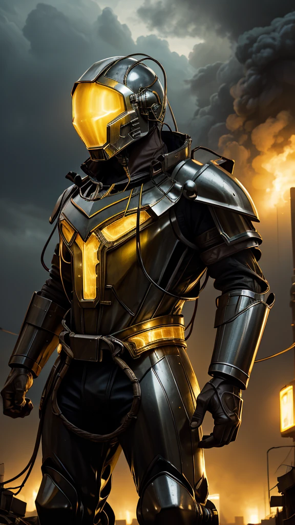 Giant creature with a mechanical helmet with yellow lights and mechanical armor with yellow lights and firm, closed fists and electrical wires on the red armor and a destroyed mini city with lots of smoke coming out and a cloudy sky and raining 