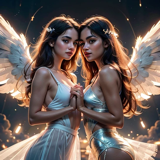 (8k, Foto RAW, melhor qualidade, senhor:1.2), (Realistic, photo-Realistic:1.37) Uma jovem loira com vestido branco com asas, the wing on the right is that of a devil and the wing on the left is that of an angel, half angel half demon, symmetrically divided in half between angel and demon, hands hold a heart floating in the middle of the chest