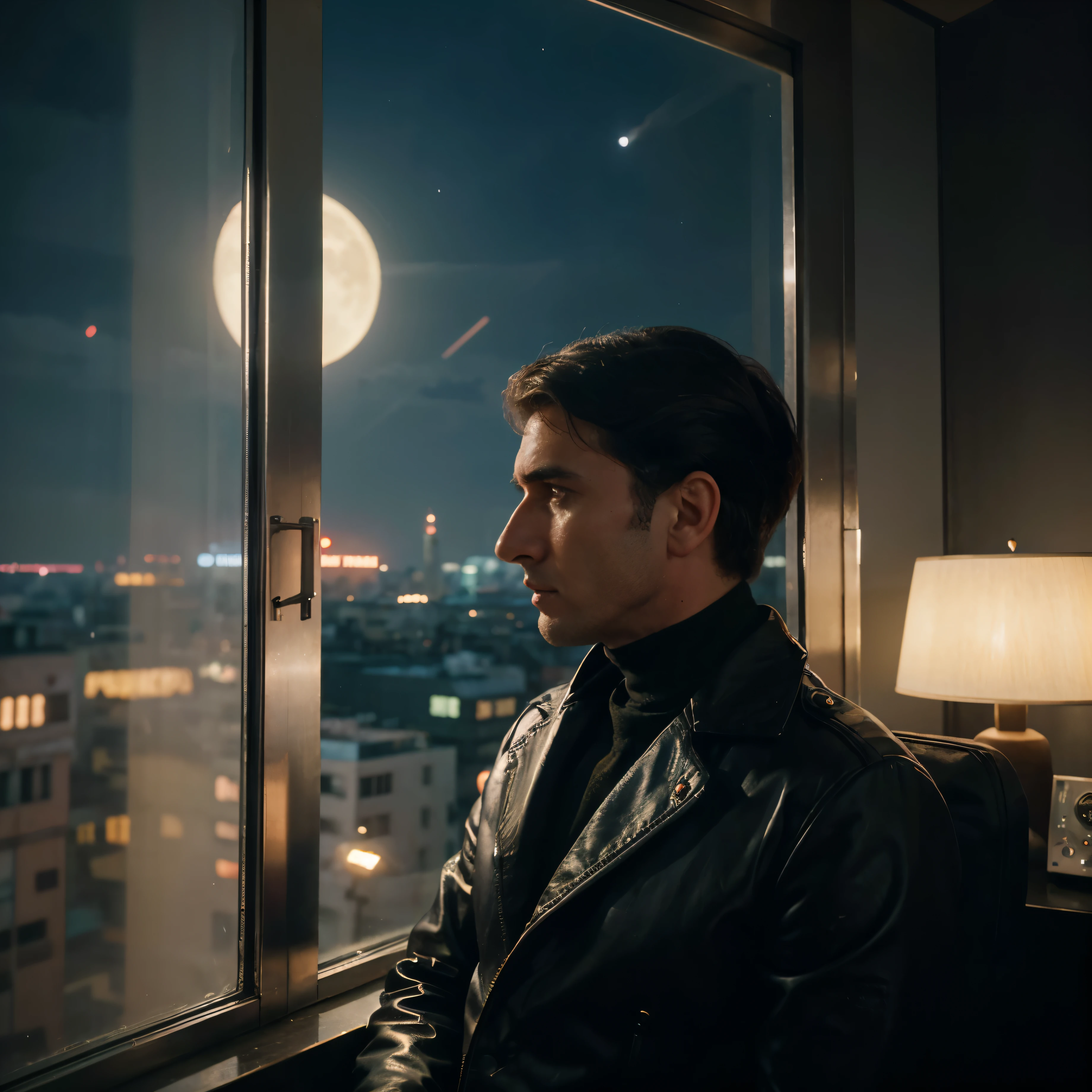 4k image from a 1960s science fiction film by Wes Anderson, Filme O Grande Hotel Budapeste, pastels colors, an big city with neon colors, at night through a window, big city retro futuristic neon, blade runner style, Retro-futuristic from the 60s with old robots, Luz Natural, Psicodelia, futurista estranho, retro-futurista, photo-realistic, Sharp background details, solitude, sadness, lonely man. big moon, man from profile closeup