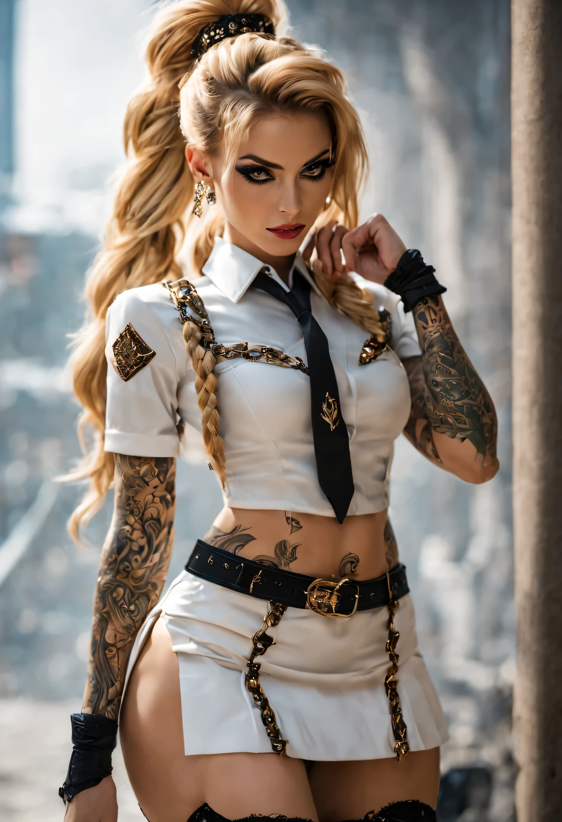 beutiful woman long braided golden blonde hair in a pony tail, long dark eyelashes, dark eyeliner, white and gold silk corseted uniform with short skirt cut to waist, full body view, full body tattoo, yakuza tattoo, face tattoo, high boots, garter belt, leather, lace, embroidery