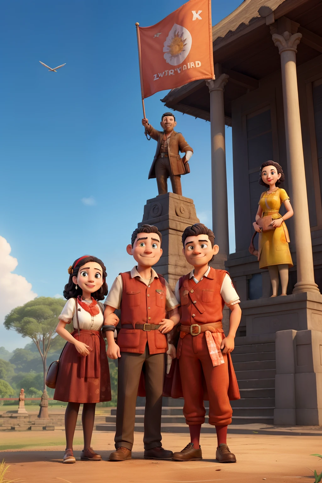A man and a woman are standing in front of a historic statue that is in Indonesian and they are standing forming the letter v are wearing historic clothes and there is one person standing in the middle carrying a red and white flag as a gesture of love for the motherland  , poster, interactive people, cartoon art
