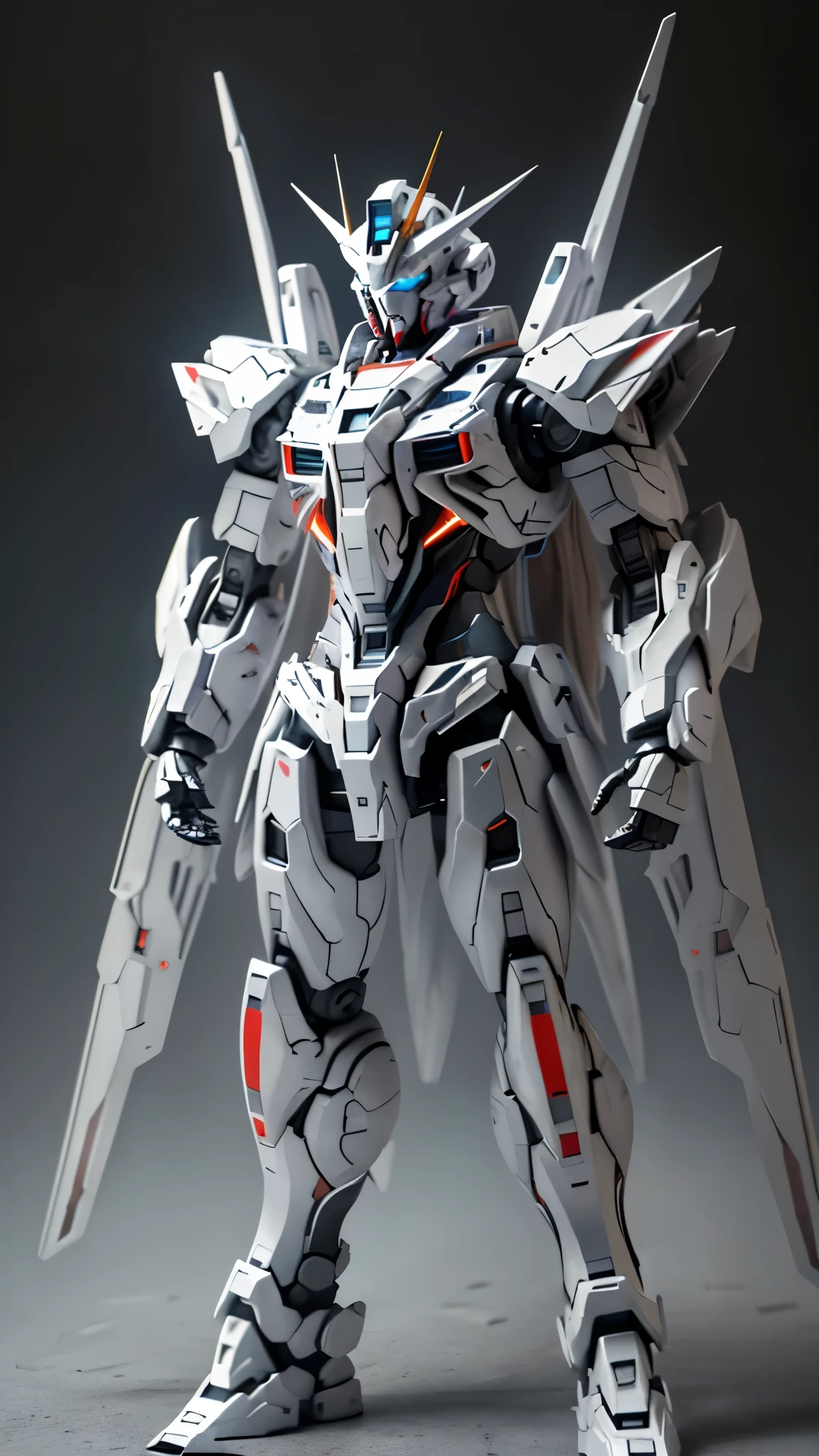 Gundam、full body portrait、No back equipment、realistic、Eyes、facing forward、((((full body portrait)))),(((front Photo))),(((Face shot))),((((reveal full body)))),Face to face with you,Looking at the lens, the lines are simple、white&Silver body、Chemical、realistically、mega、stand between buildings、
