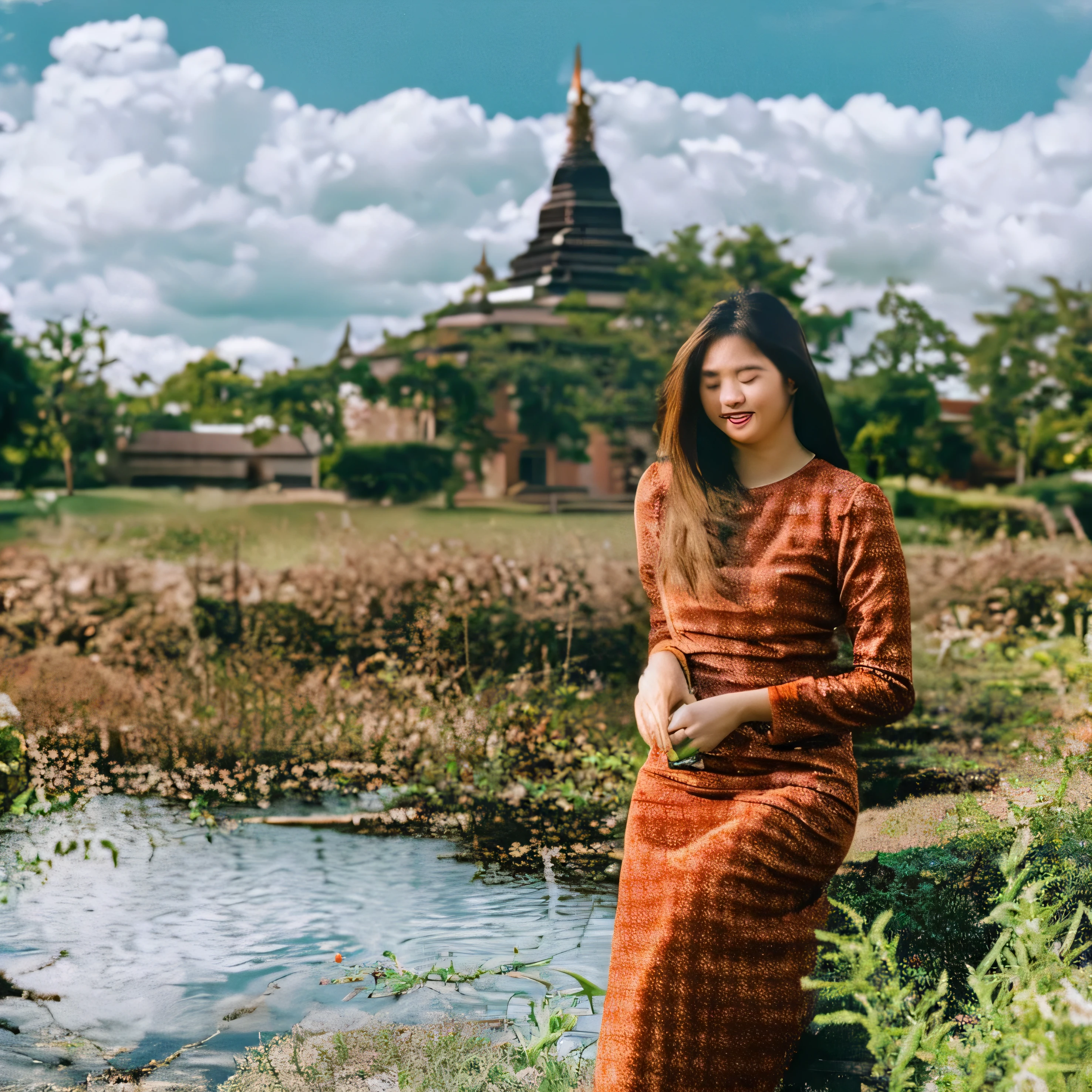 a beautiful girl with cute dimples, smiling, wearing burmese dress, walking in Bagan's street, 4k digital art
ACMM LS OUTFIT, WEARING ACMM TOP, OLIVE GREEN ACMM TOP, LONG SLEEVES, WEARING ACMM LONG SKIRT, OLIVE GREEN ACMM LONG SKIRT, PRINTED SKIRT
OUTDOORS, SCENERY, TRADITIONAL MEDIA, SKY, DAY, PHOTO BACKGROUND, REAL WORLD LOCATION, ARCHITECTURE, NATURE, RUINS, LANDSCAPE, BAGAN ANCIENT PAGODA BACKGROUND