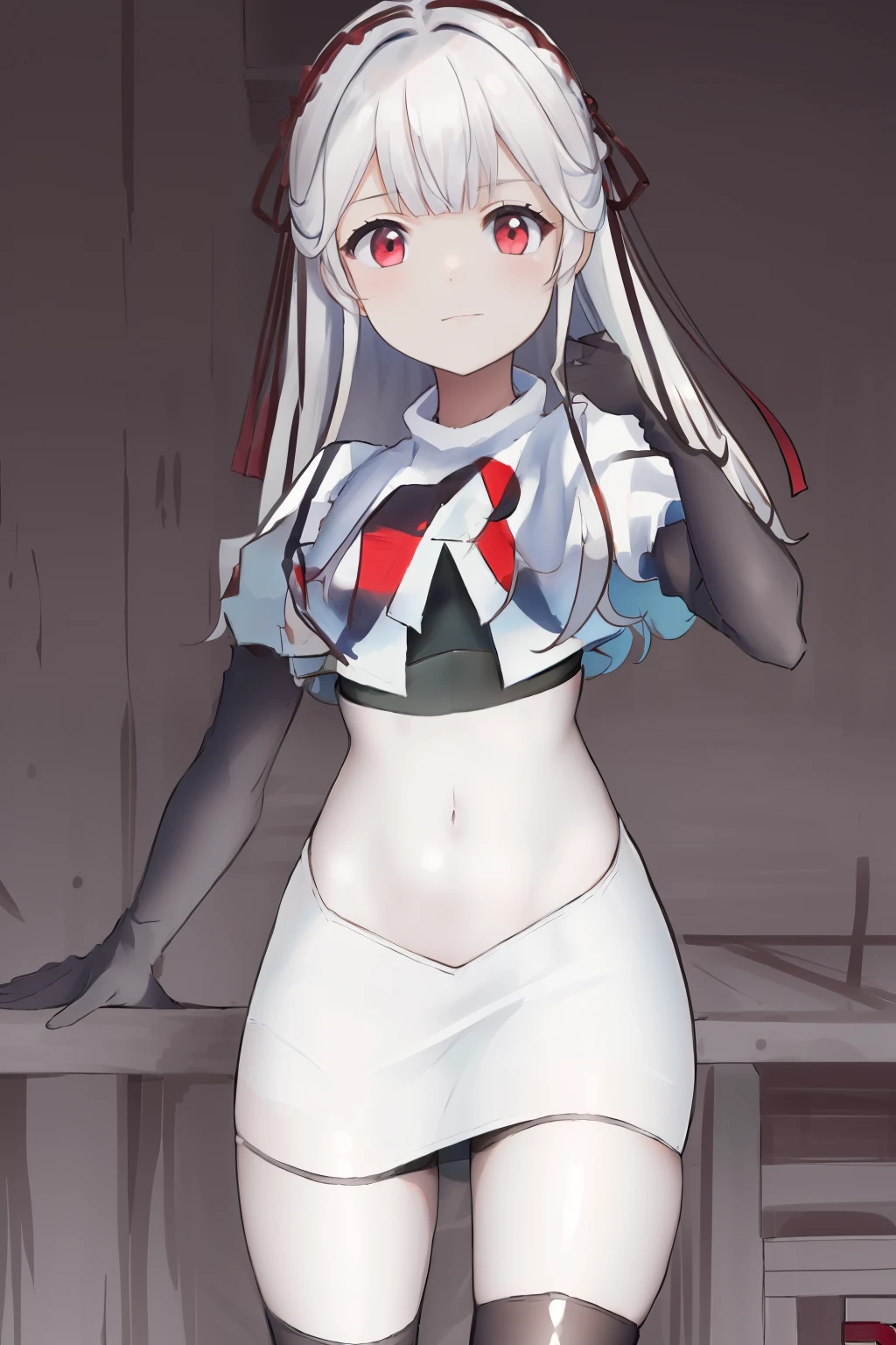 masterpiece, best quality, highres, 1girl hair ribbon, team rocket,team rocket uniform, red letter R, white skirt,white crop top,black thigh-highs,black elbow gloves,