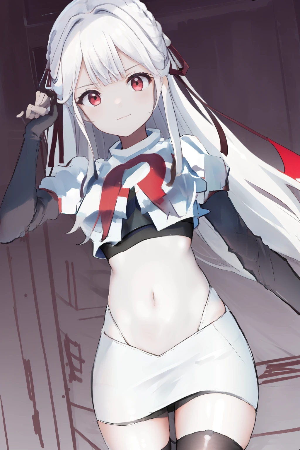 masterpiece, best quality, highres, 1girl hair ribbon, team rocket,team rocket uniform, red letter R, white skirt,white crop top,black thigh-highs,black elbow gloves,