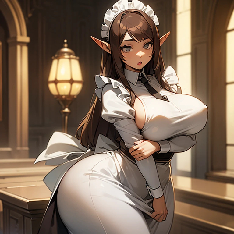 (((An elf woman alone))),(((light skin))),(((long brown hair))),(((grey eyes))),(curvy body),(((wearing a maid outfit)))