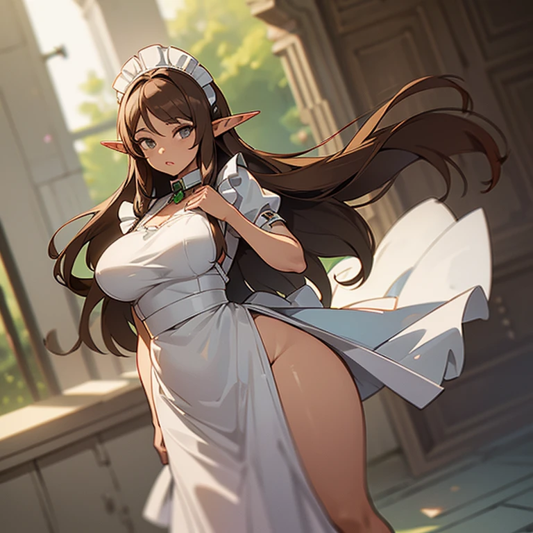 (((An elf woman alone))),(((light skin))),(((long brown hair))),(((grey eyes))),(curvy body),(((wearing a maid outfit)))