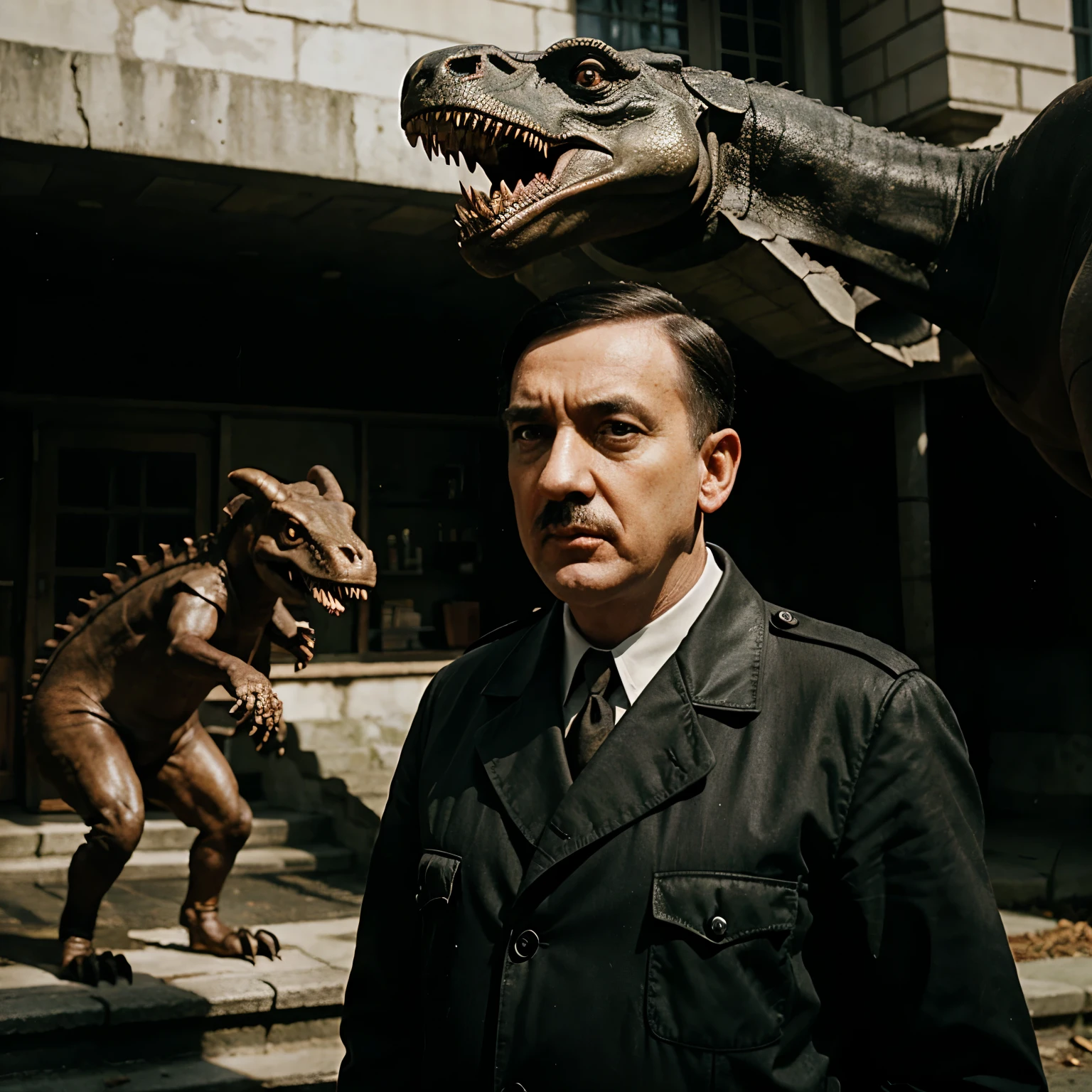 Hitler encima de um dinossauro