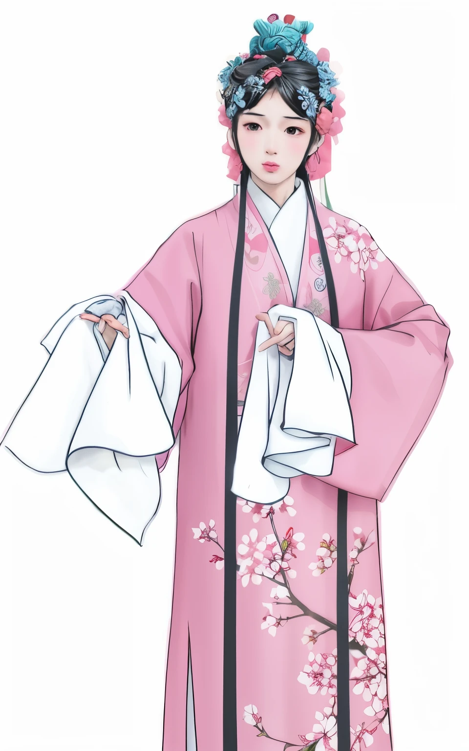 One in a pink dress、Close-up of man wearing flower hat, Haruno Sakura, Flowing cherry blossom colored silk, flowing hair and gown, wearing chinese clothes, Wearing flowing robes, palace , A girl wearing Hanfu, Wear long, flowing clothes, Light and colored kimonos, China costume, Inspired by Nishikawa Yunobu