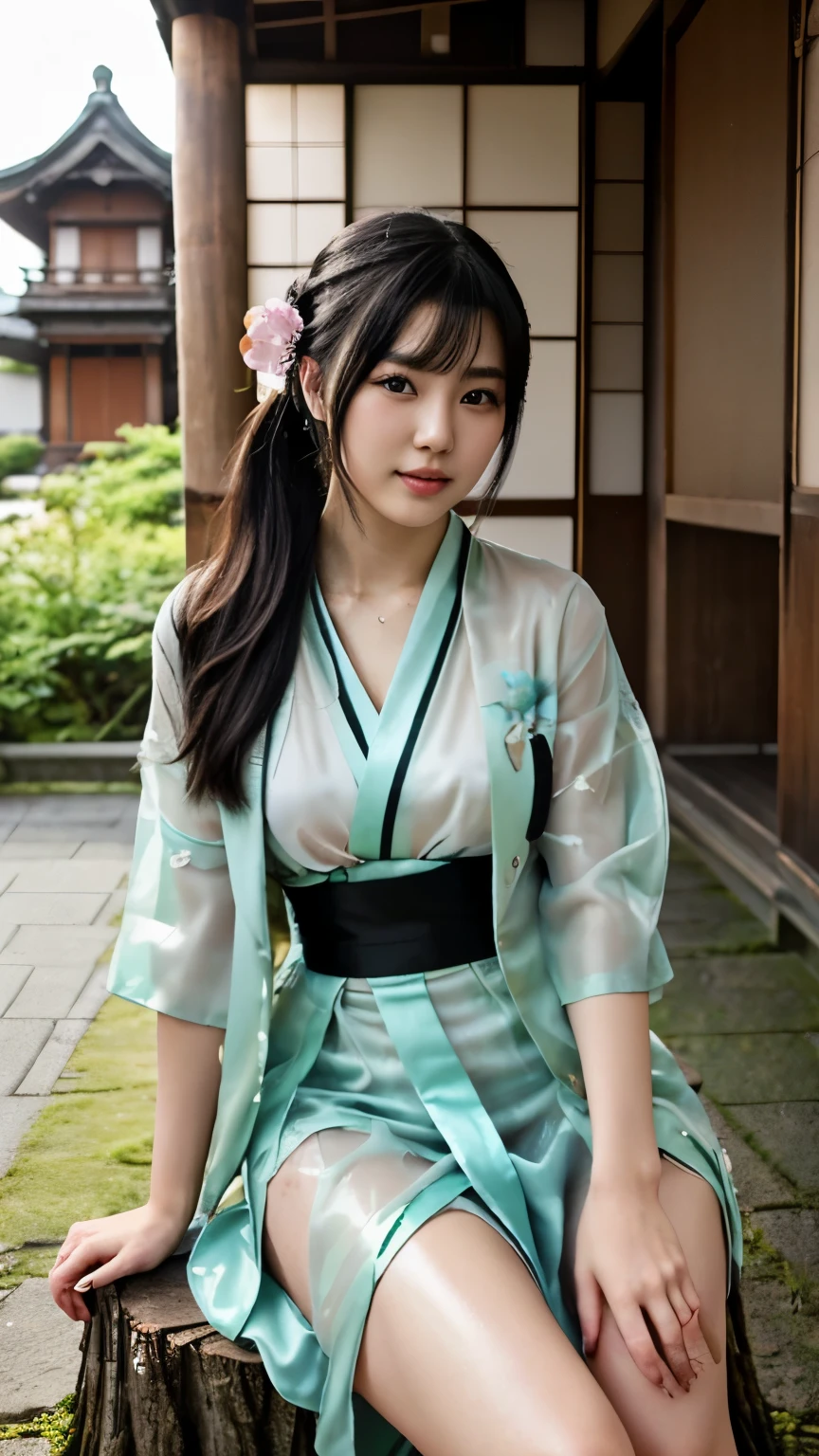 NSFW、Depictions of sex、最high quality、high quality、best image quality、8K、最High resolution、High resolution、最high quality、masterpiece、realistic pictures、RAW photo、realistic atmosphere、(detailed face)、(fine hands、thumb１reference４)、(beauty of japan )、very nice face、cute face、((beautiful japanese girl))、(woman), ((18 year old beautiful girl))、(glossy black hair)、(straight long hair)、(ponytail)、whole body、slim style、(shiny skin)、(Fair skin, Glossy skin)、real human skin、realistic human body structure、perfect body， perfect face， perfect hands， perfect fingers， perfect lips， perfect eyes，perfect teeth、perfect background， perfect atmosphere，look at the camera、 natural soft light、samurai kimono、maiko kimono、servant、geisha kimono、japanese kimono、japanese traditional、In front of a samurai residence in Japan、((random color(See-through floral kimono、side slit hakama))、((Sit on a stump(Pose that makes your thighs look beautiful))