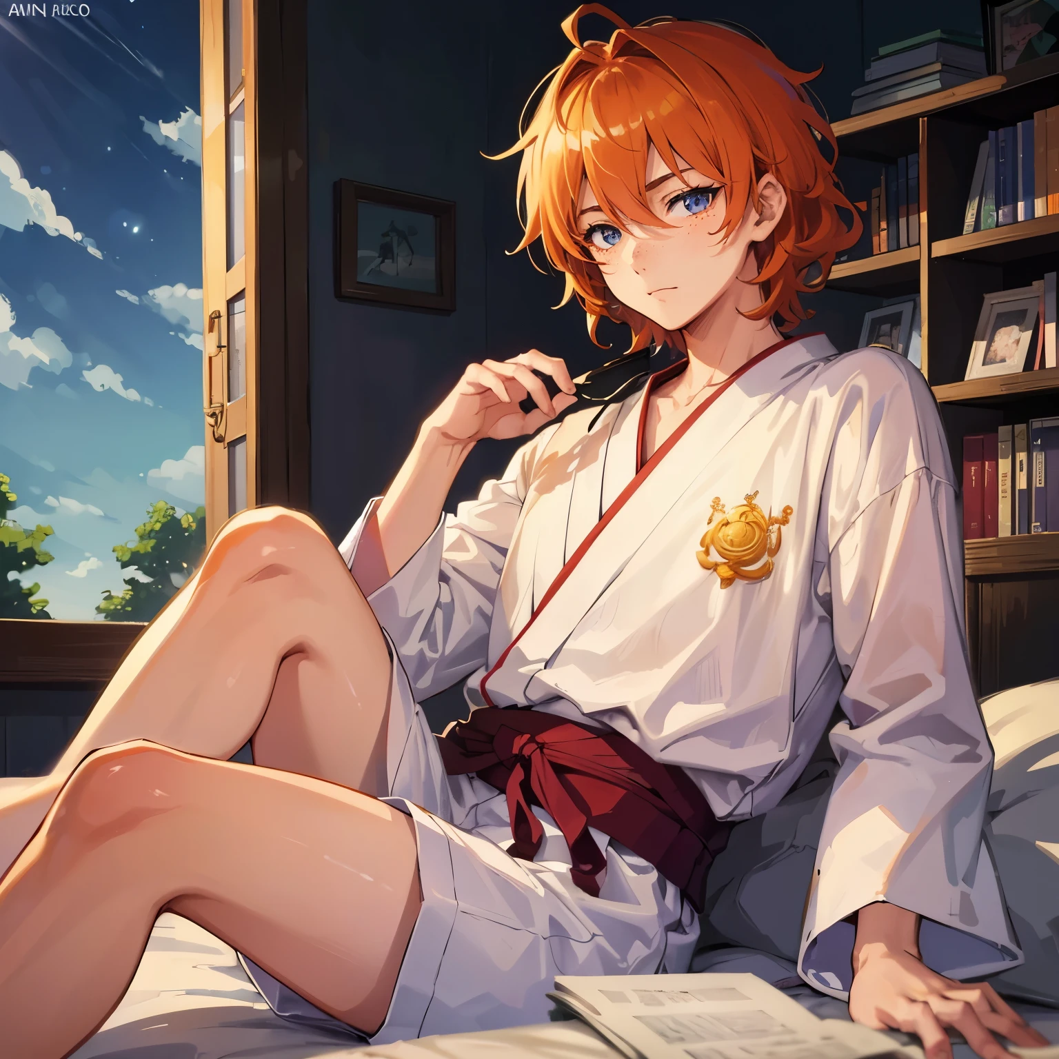 Japanese anime, beautiful young man, cute loungewear, relaxing in Room, lights on,high quality, amount of drawing, pixiv illustration(masterpiece, best quality), 1 male, mature, tall height, slim body, finely detailed eyes and detailed face, extremely detailed CG unity 8k wallpaper, intricate details, curly hair, orange hair, blue eyes, freckles, nice looking, slight sharp eyes, messy hair, short hair, male, pixiv