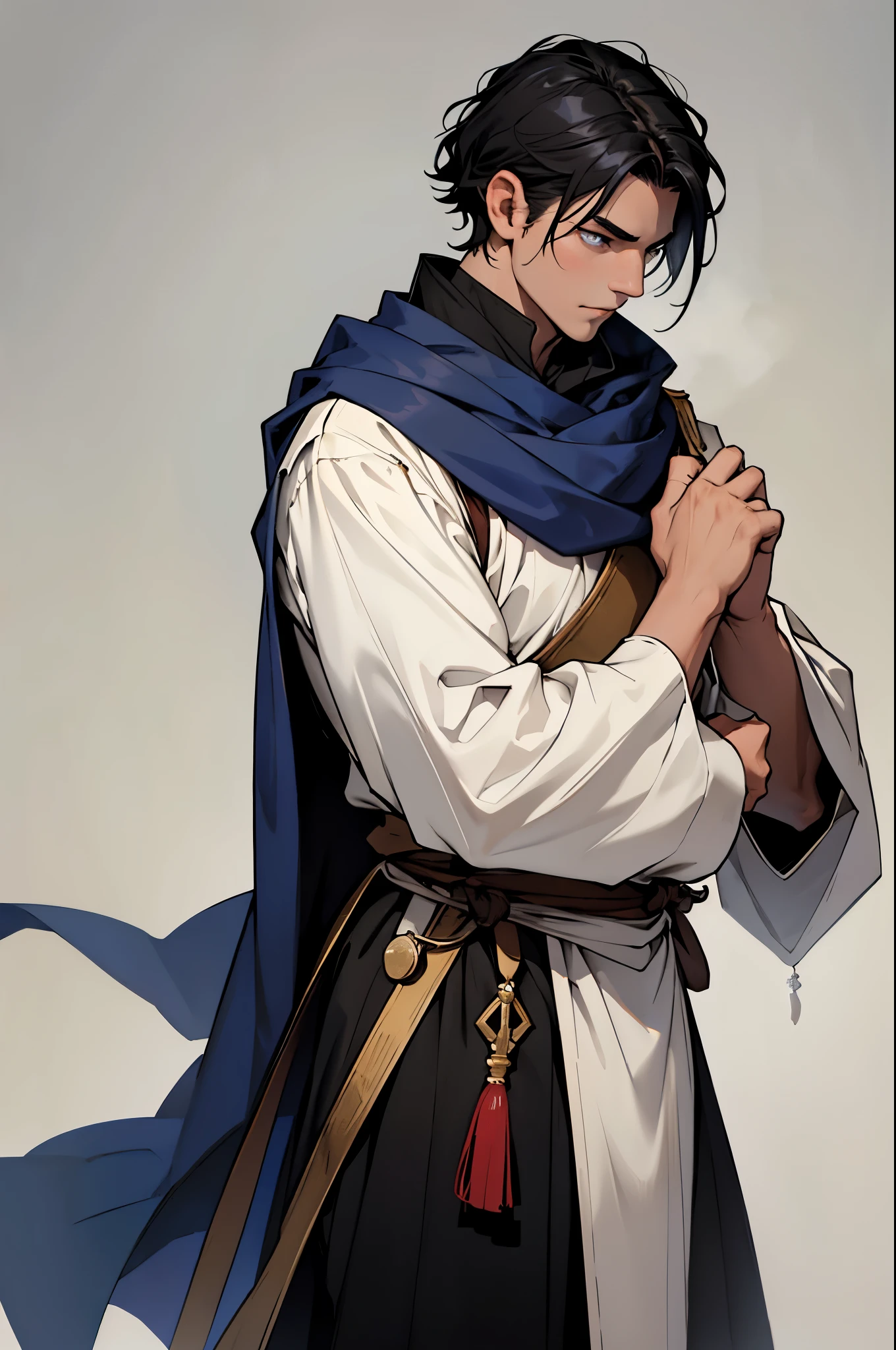 6 feet tall male, with short black hair, sapphire like eyes, in peasant clothes from medieval era europe, commoner, in plain white tunic, and black pants, very poor, very dark background, soldier by preoffesion
